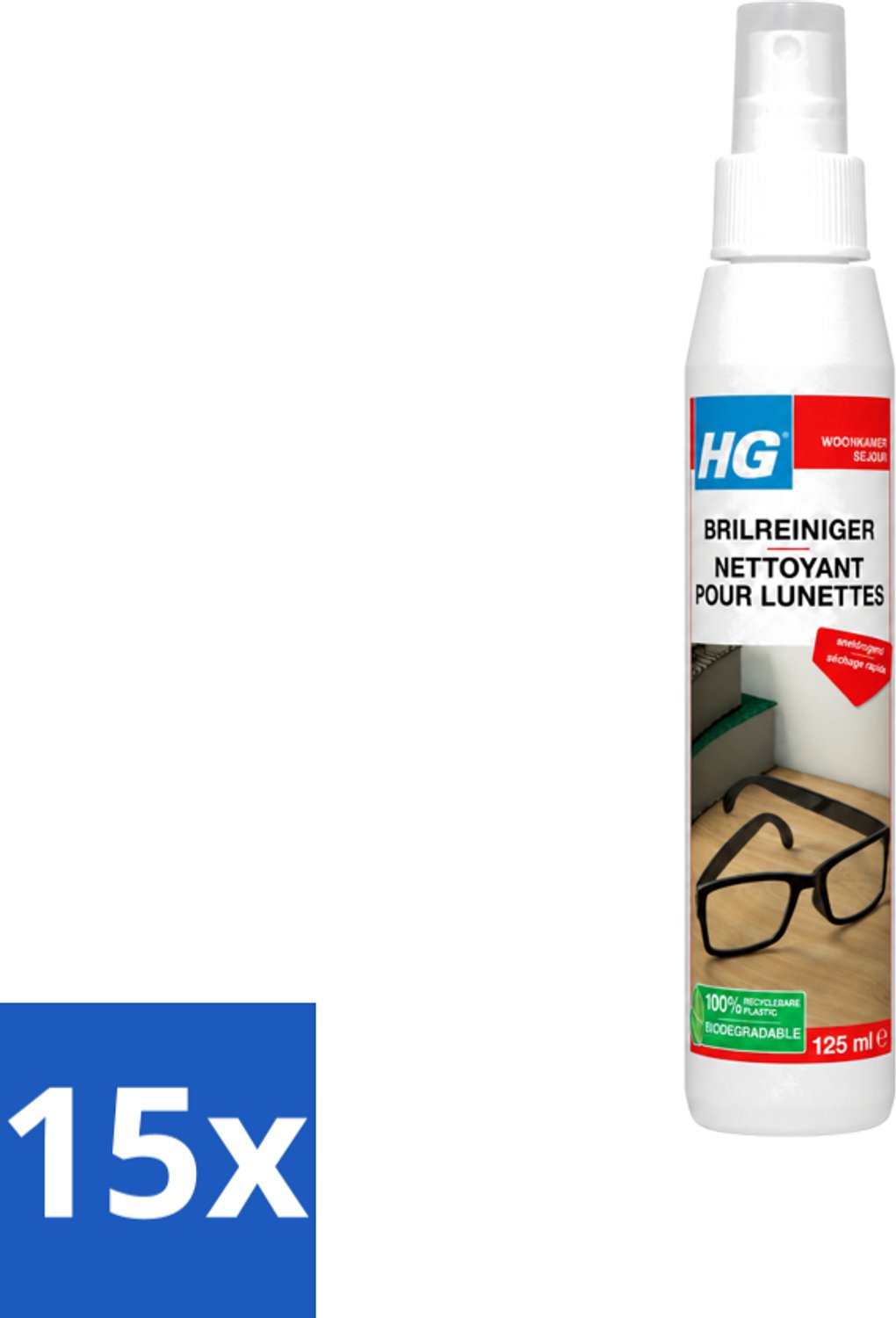15 x HG - Brilreiniger - Voor Glasheldere Lenzen - 125 ml - Voordeelverpakking - 15 stuks