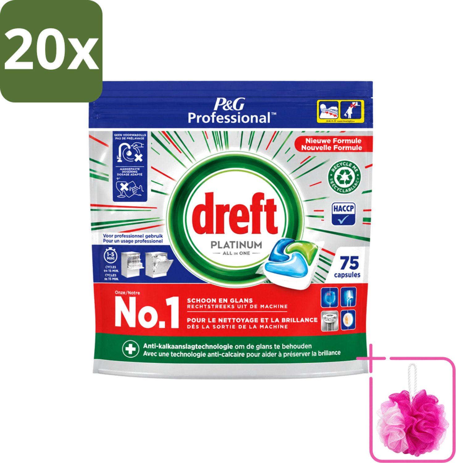 20 x Dreft Professional - Platinum - All In One - Vaatwascapsules - 75 Afwasbeurten - Bulkverpakking - Vaatwassen - Douchemop - Vaatwasser reinigen