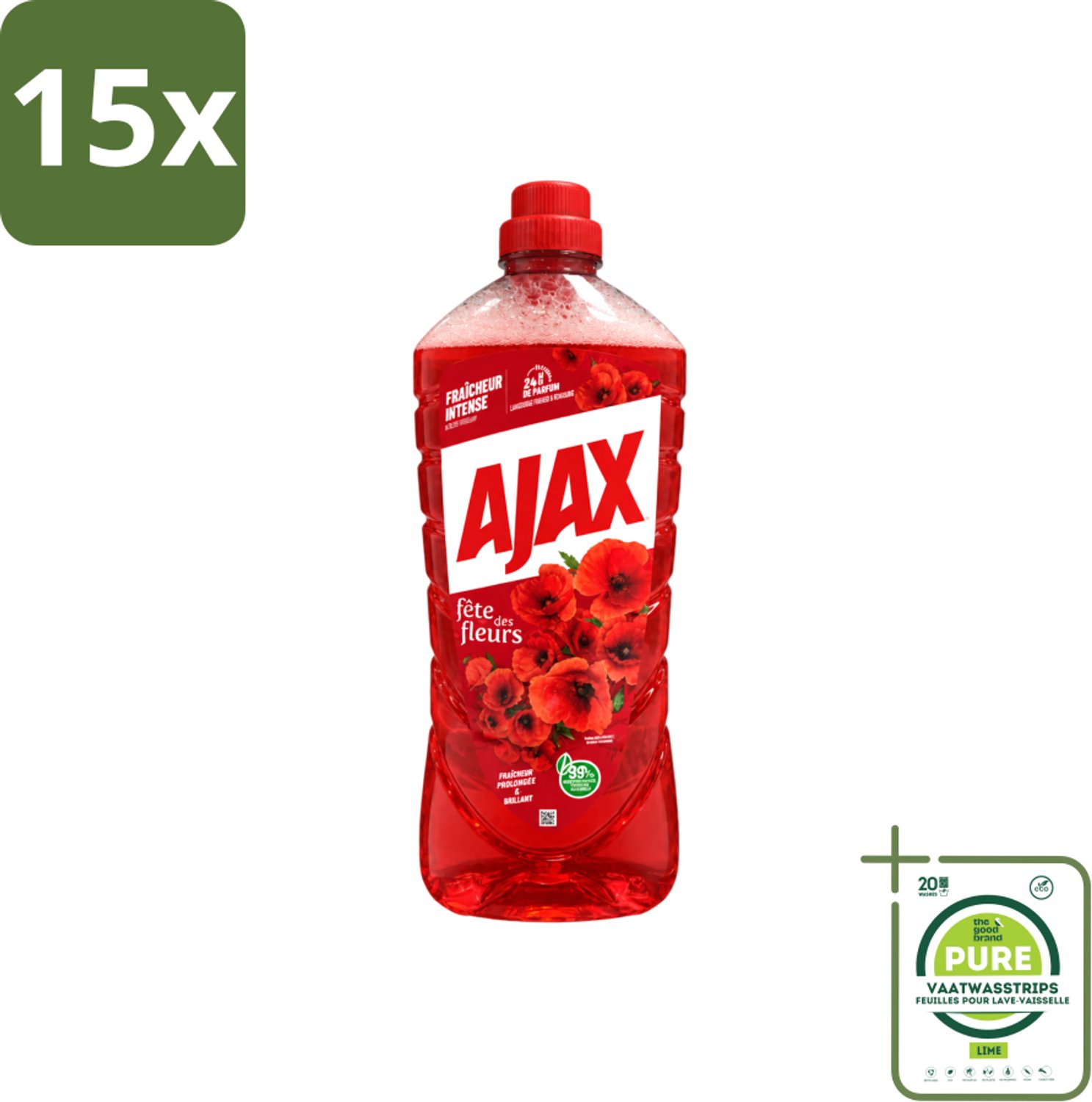 15 x Ajax – Allesreiniger – Rode Bloemen – 1,25 L - Grootverpakking - Vaatwasstrips - Allesreiniger Rode Bloemen - Reiniger 1.25 L - Bloemengeur Reiniger - Krachtige Reiniger - Huishoudelijke Reiniger