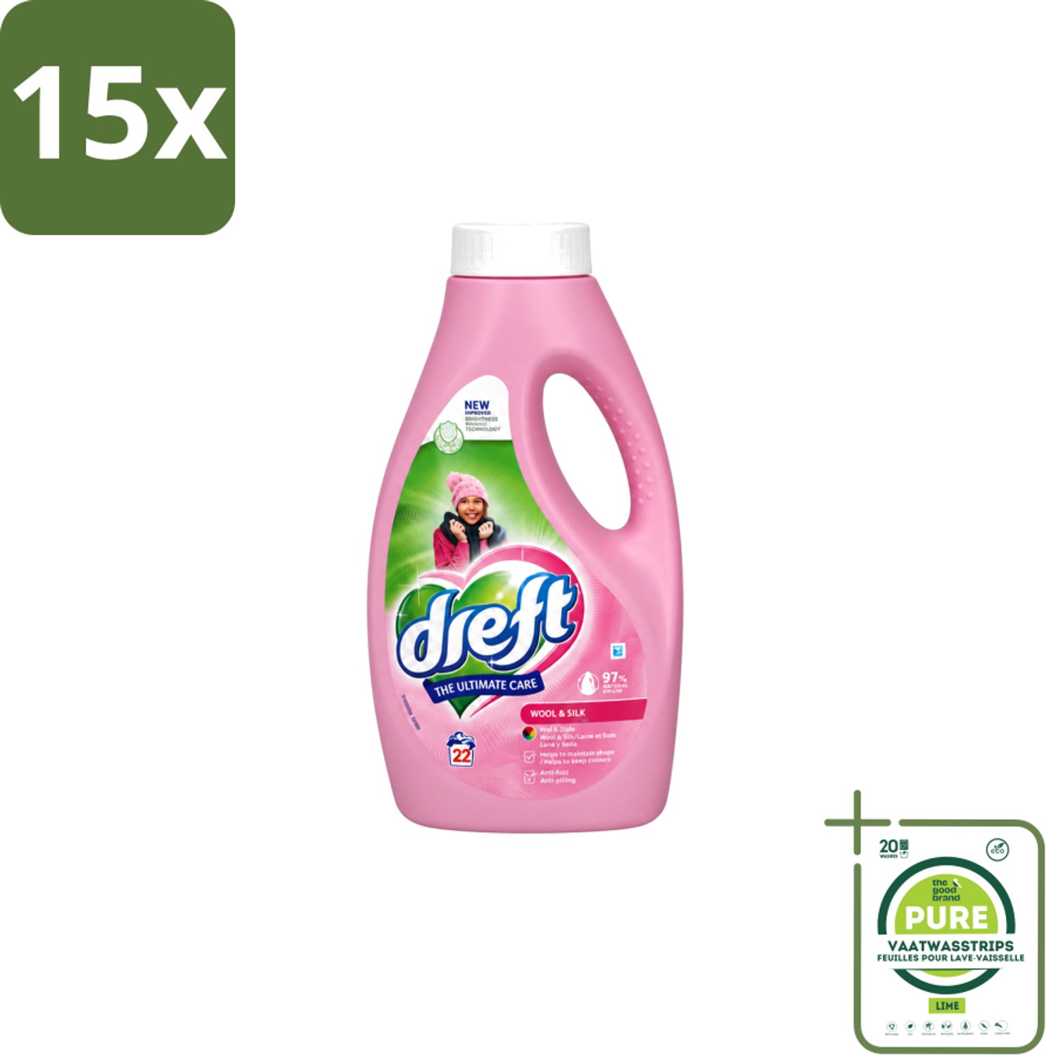 15 x Dreft – Vloeibaar Wasmiddel – Wol & Zijde – 22 Wasbeurten - Grootverpakking - Vaatwasstrips - Wol En Zijde Wasmiddel - Zachte Wasmiddelen - Wasmiddel Voor Delicate Stoffen - Wasmiddel Voor Zijde - Wasmiddel Voor Wol