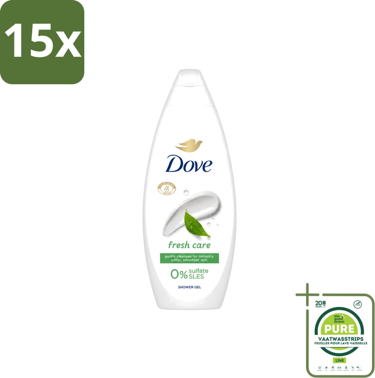 15 x Dove – Douchegel – Fresh Care – 250 ml - Grootverpakking - Vaatwasstrips - Douchegel - Fris - Schone Huid - Huid Reinigen - Huid Hydrateren