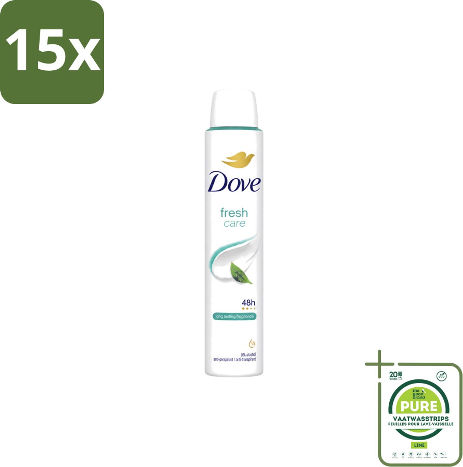 15 x Dove – Deodorant Spray – Fresh Care – 200 ml - Grootverpakking - Vaatwasstrips - Anti-transpirant Spray - Zweetvermindering - Geurvermindering - Fris - Okselverzorging