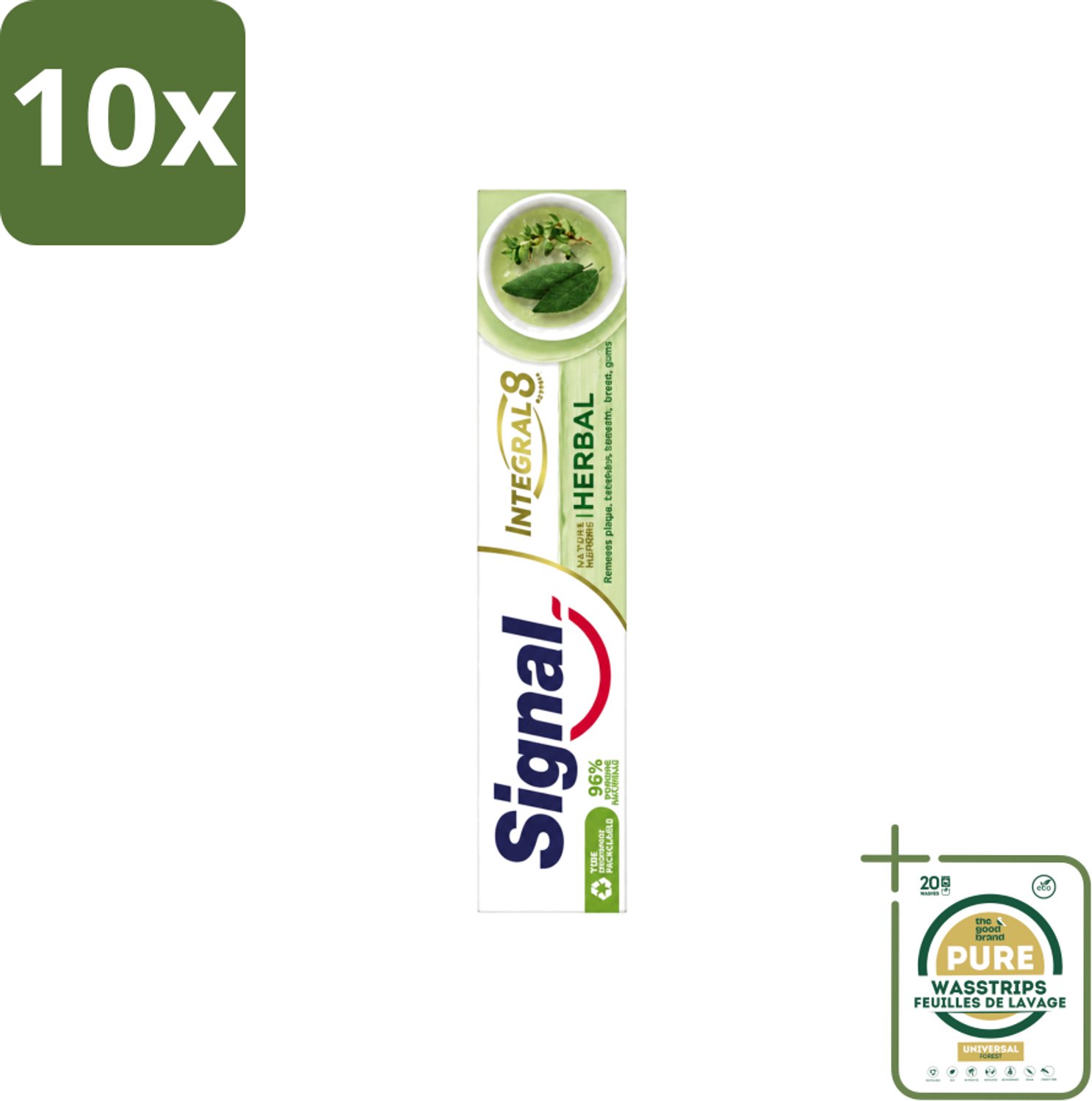 10 x Signal - Integral & Actions - Tandpasta - Natuurlijke Kruiden - Gerecyclede Verpakking - 75 ml - Wasstrips - Tandpasta - Natuurlijke Kruiden - Fluoride - Tandbederf - Tandplak