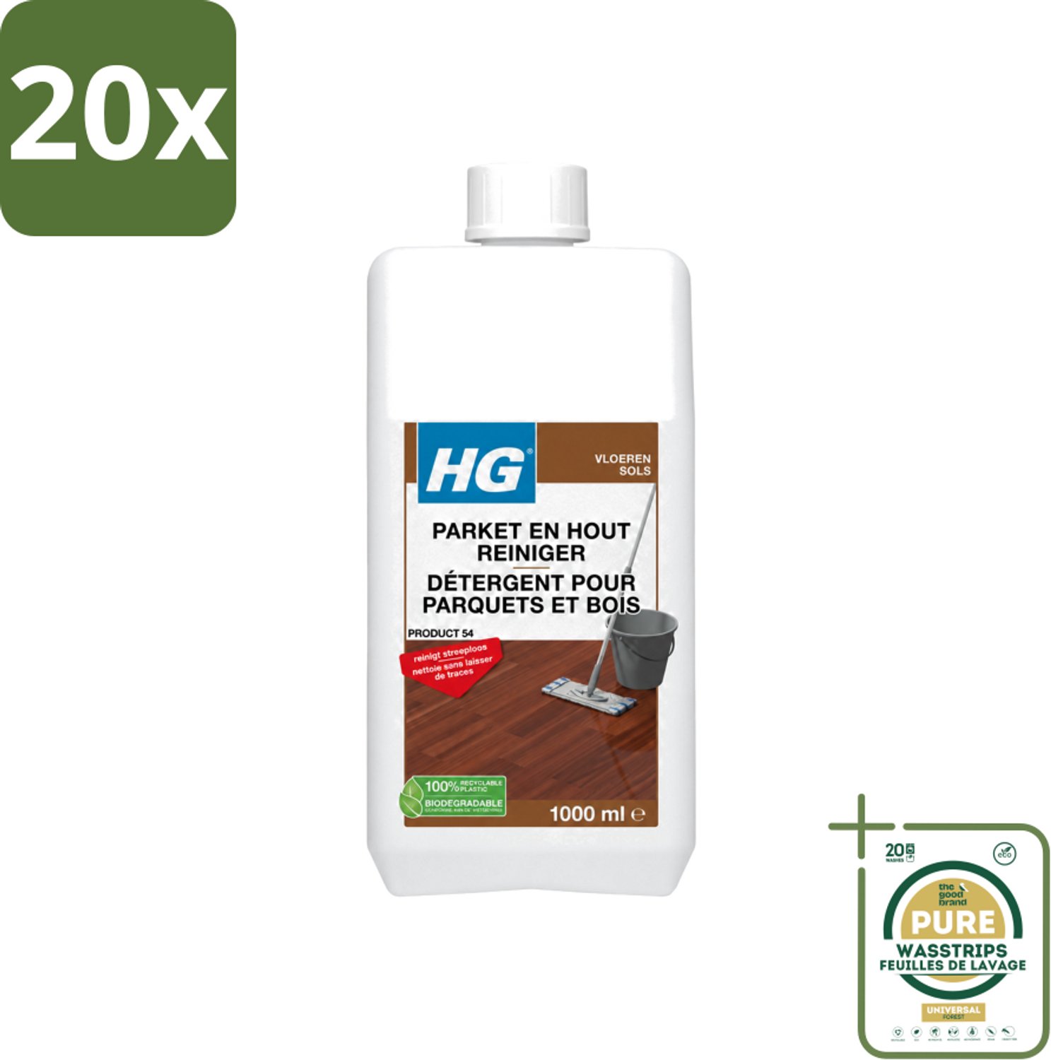20 x HG - Parket- & Houtreiniger - Frisse Geur - Reinigt Streeploos - 1L - Wasstrips - Parket Reinigen - Parket Reiniger - Parket Vloer Reinigen - Parket Reinigen Zonder Strepen - Parket Vloer Onderhoud