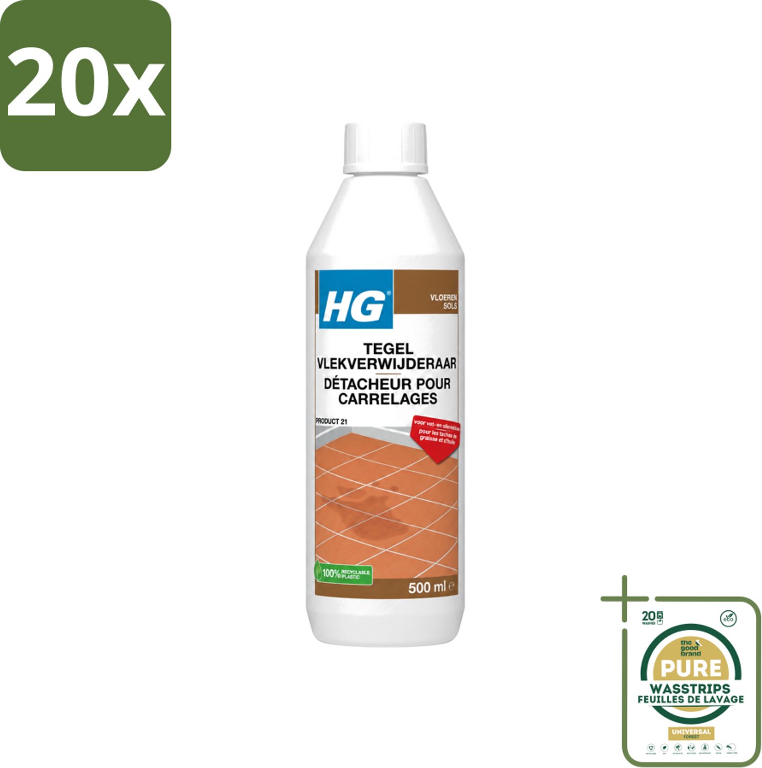 20 x HG - Vloeren - Tegel Vlekverwijderaar - Voor Vet & Olievlekken - 500 ml - Wasstrips - Vlekverwijderaar Tegel - Vetvlek Verwijderen - Olievlek Verwijderen - Vloer Reinigen - Vlekken Verwijderen