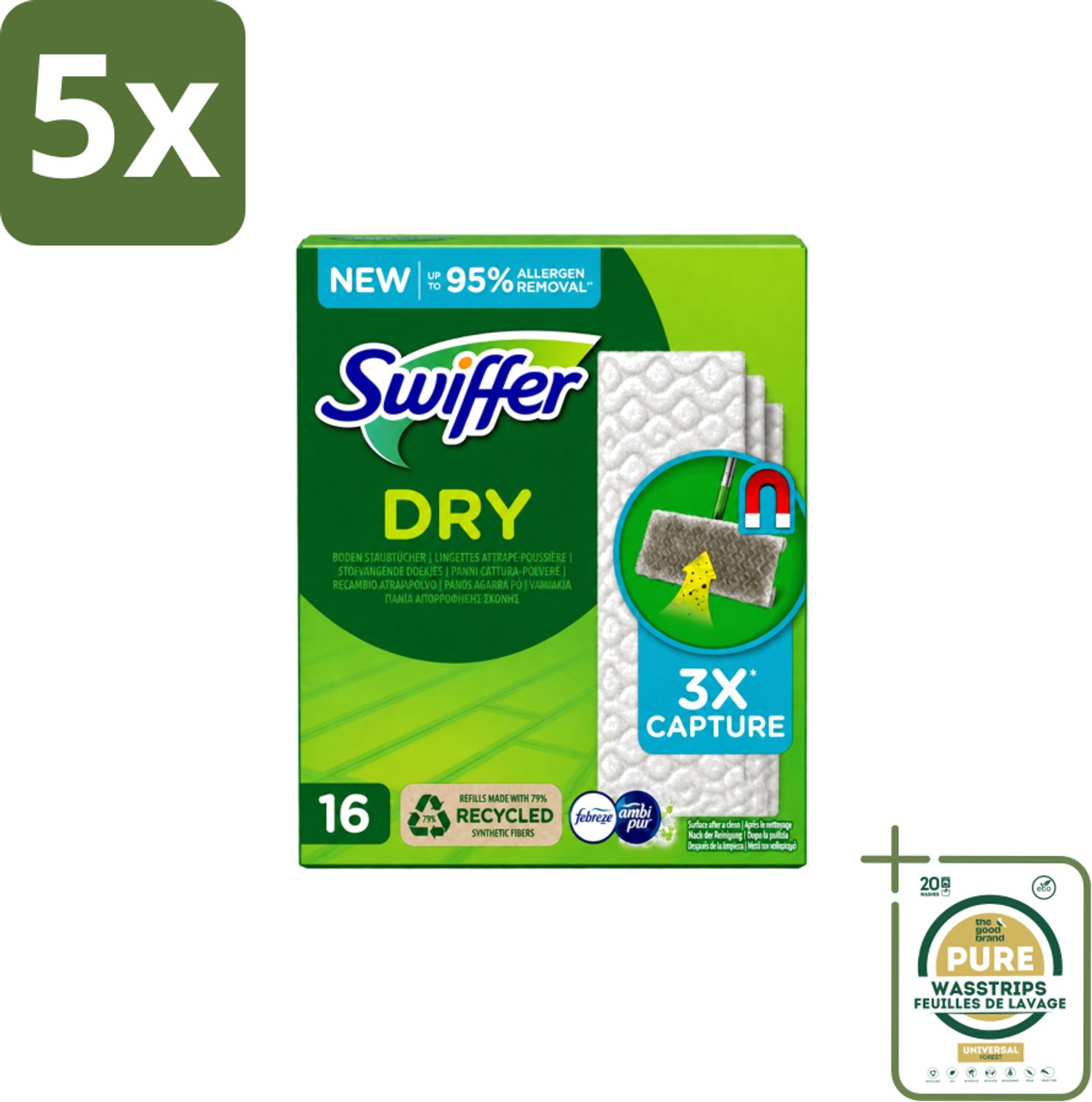 5 x Swiffer – Vloerdoekjes – Dry Navullingen – 16 doekjes - Wasstrips - Vloerreiniger - Droge Doekjes - Stofzuiger - Haren Verwijderen - Vloer Reinigen