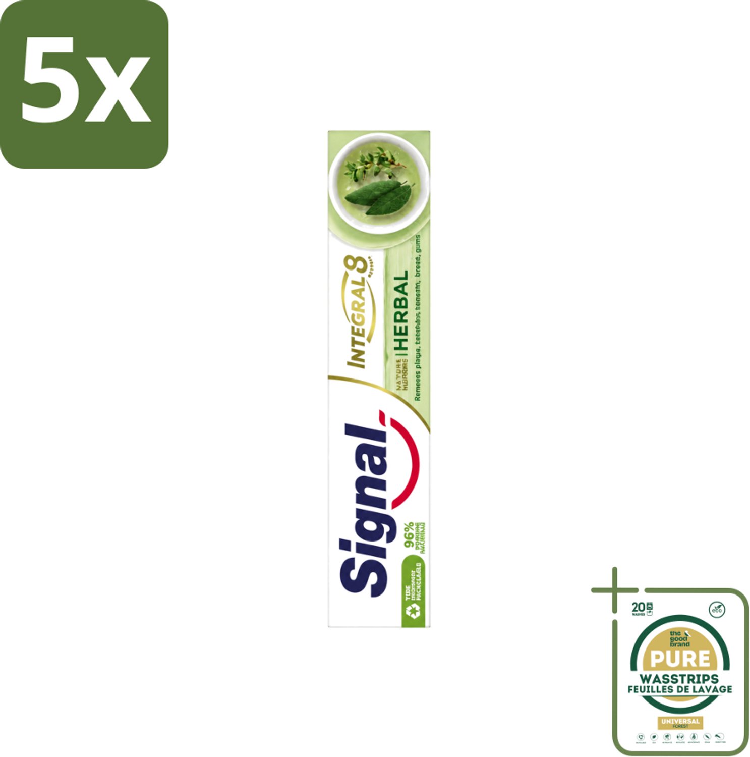 5 x Signal - Integral & Actions - Tandpasta - Natuurlijke Kruiden - Gerecyclede Verpakking - 75 ml - Wasstrips - Tandpasta - Natuurlijke Kruiden - Fluoride - Tandbederf - Tandplak