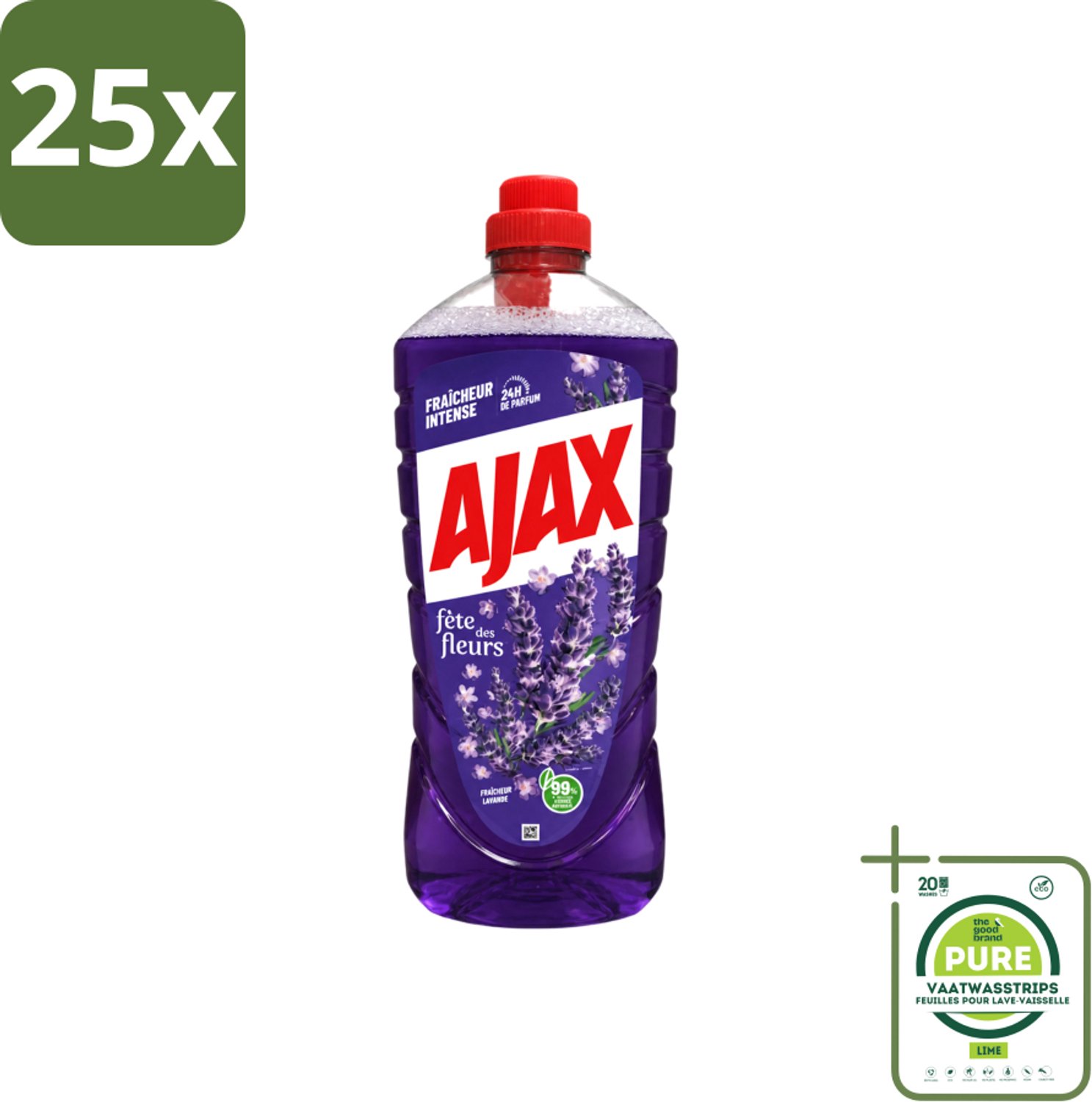 25 x Ajax – Allesreiniger – Lavendel – 1,25 L - Grootverpakking - Vaatwasstrips - Allesreiniger Lavendel - Reiniging - Vet Verwijderen - Frisse Geur - Rustgevende Geur