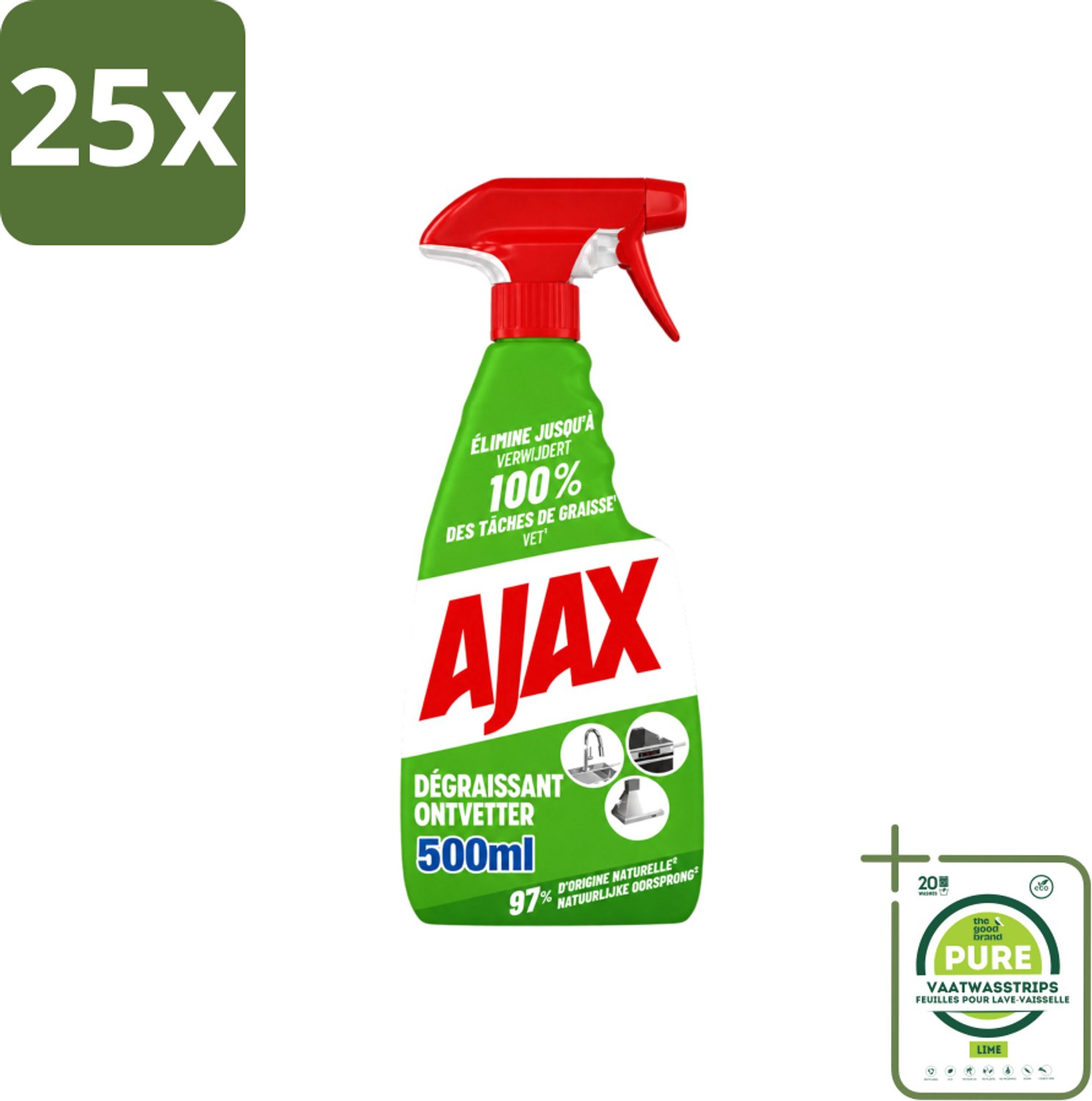 25 x Ajax – Ontvetter Spray – 500 ml - Grootverpakking - Vaatwasstrips - Ajax Ontvetter - Ontvetter Spray 500 Ml - Vet Verwijderen - Keukenreiniger - Krachtige Ontvetter