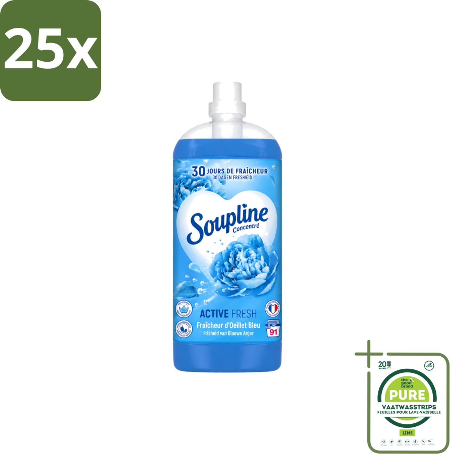 25 x Soupline – Wasverzachter – Active Fresh Frisheid van Blauwe Anjer – 2 L - Grootverpakking - Vaatwasstrips - Wasverzachter - Frisheid - Blauwe Anjer - Wasgoed - Kleding