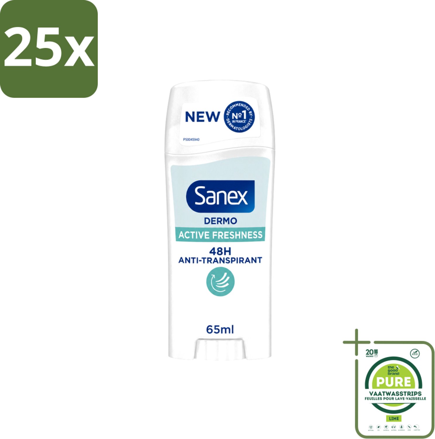 25 x Sanex – Deodorant Stick – Dermo Active Freshness – 65 ml - Grootverpakking - Vaatwasstrips - Deodorantstick - Frisheid - Huidbescherming - Zachte Textuur - Langdurige Frisheid