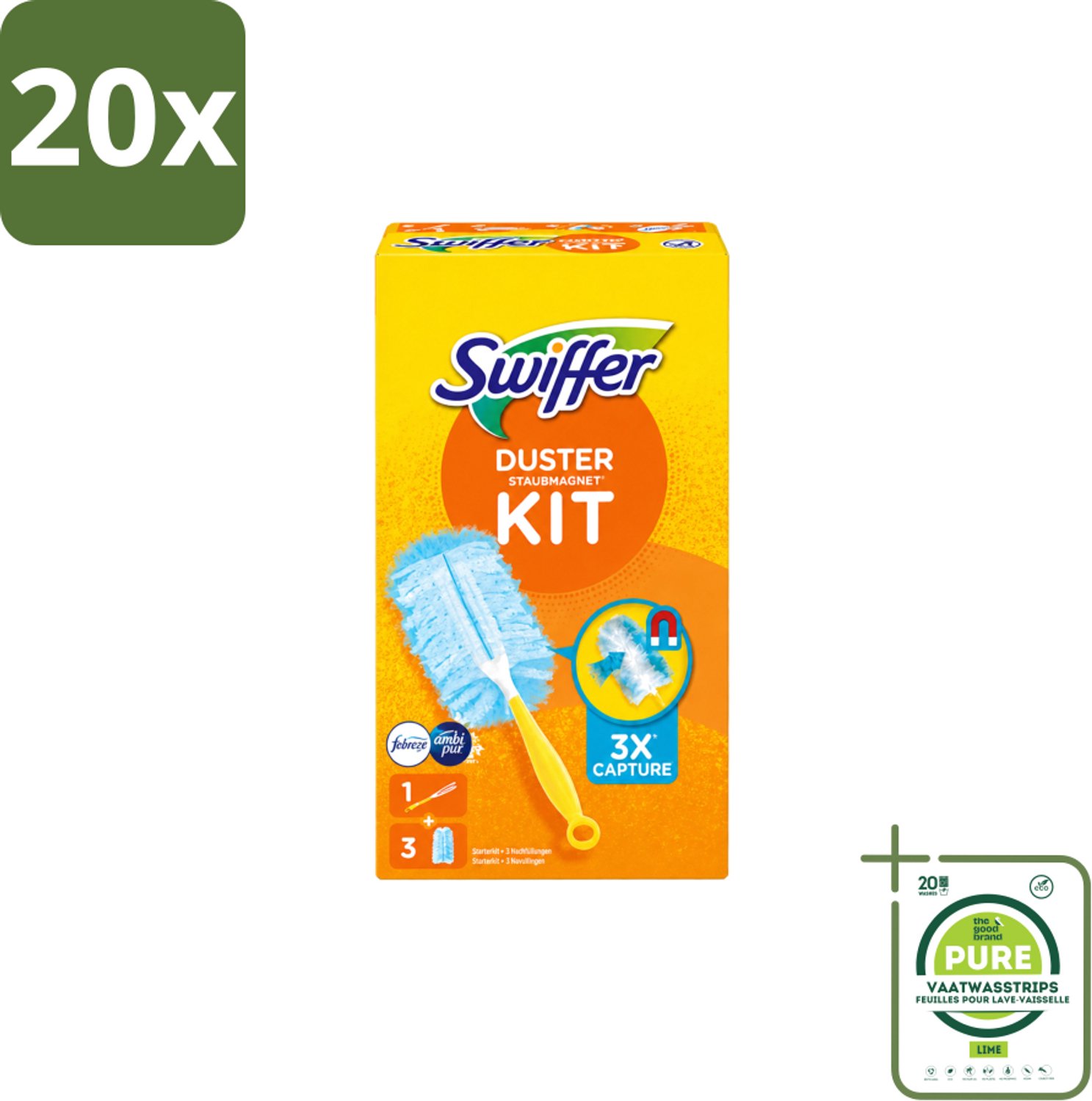 20 x Swiffer – Starterkit + 3 Navullingen – Met Febreze - Grootverpakking - Vaatwasstrips - Stofvrij Maken - Stof Opvangen - Stofdoek - Stof Opvangen - Stof Opvangen