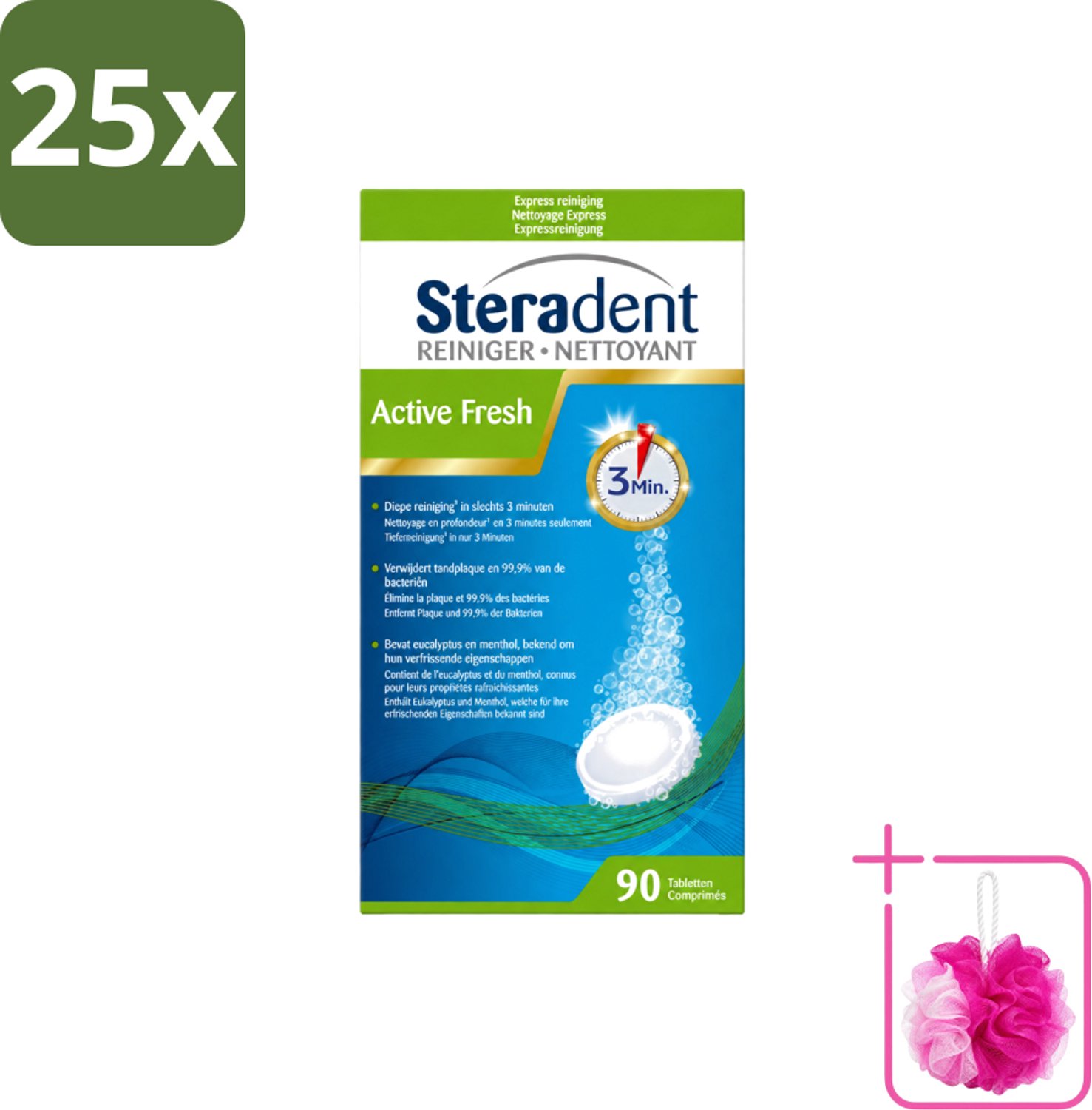 25 x Steradent - Kunstgebitreiniger - Active Fresh - Menthol En Eucalyptus - 90 Tabletten - Bulkverpakking - Kunstgebit reinigen - Douchemop - Kunstgebit reiniging