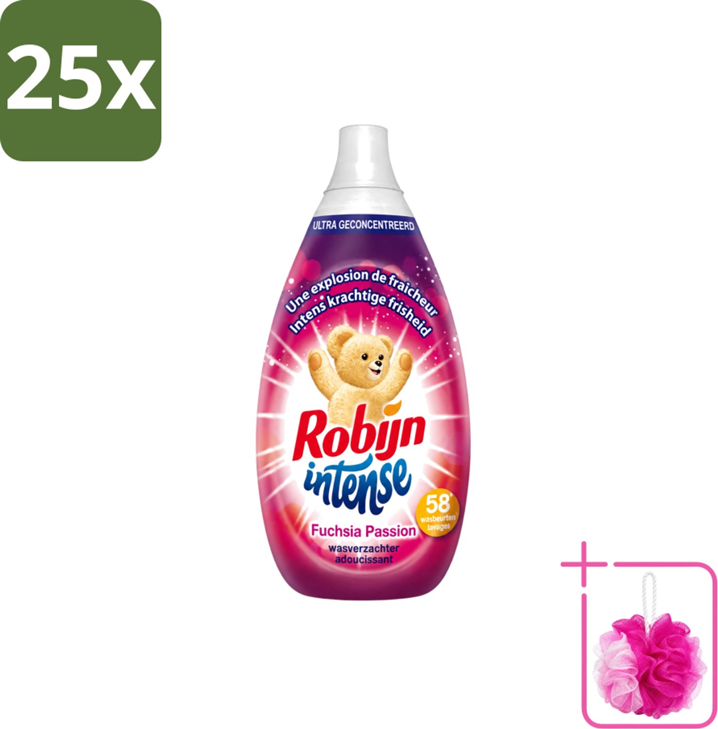 25 x Robijn Intense - Wasverzachter - Intense Fuchsia Passion - 870ml - 58 Wasbeurten - Bulkverpakking - Wasverzachter - Douchemop - Wasverzachter fuchsia passion