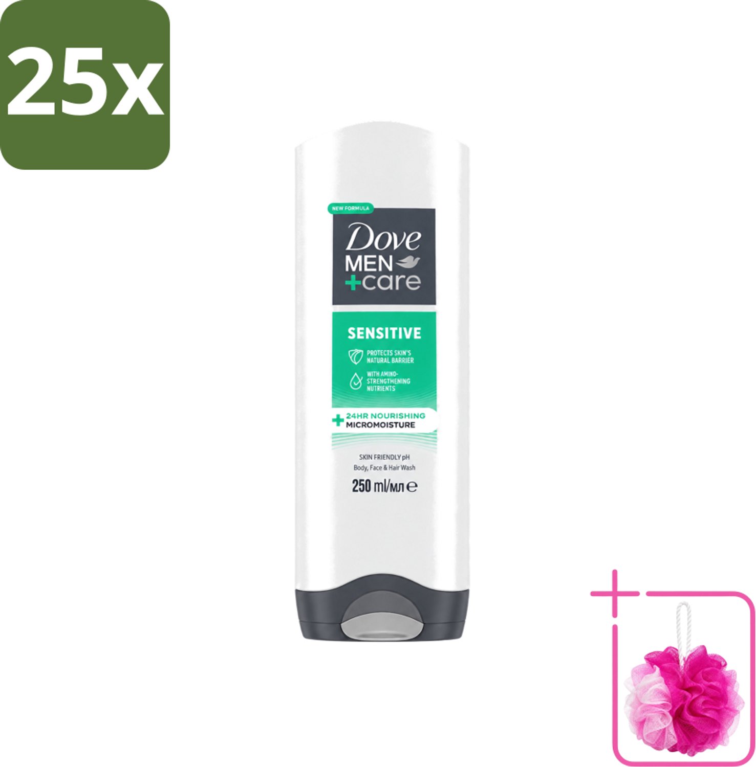 25 x Dove Men+Care - Sensitive - Douchegel 3-in-1 - Verzorgend - 250 ml - Bulkverpakking - Gevoelige huid - Douchemop - Lichaamsgel