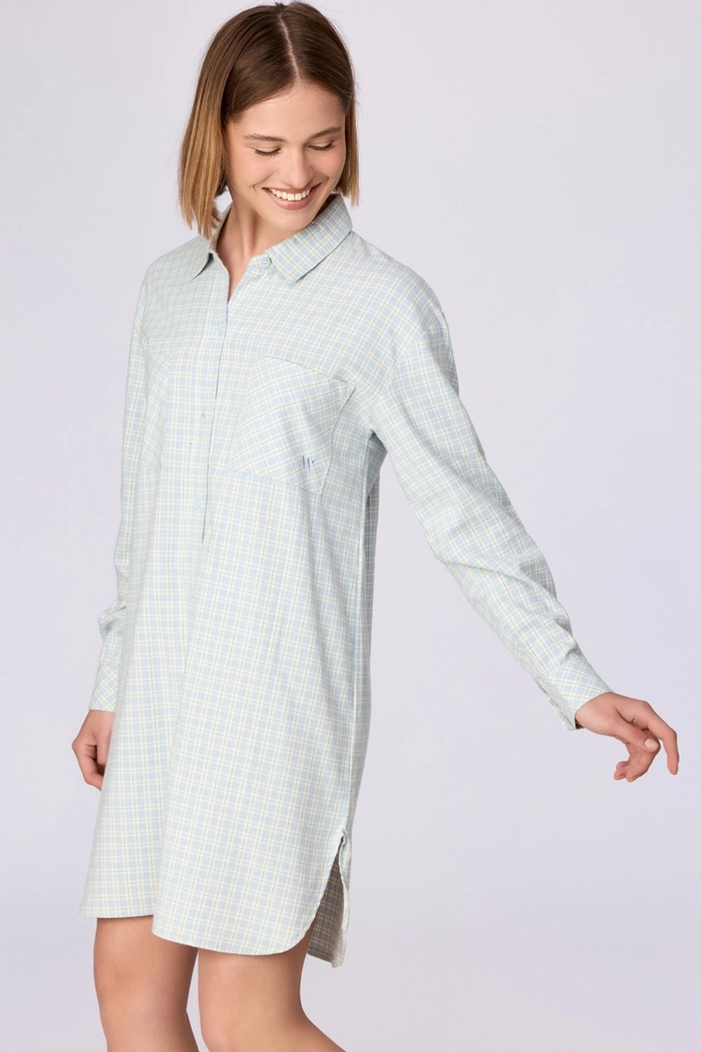 Woody slaapkleed dames doorknoop flanel - lichtblauw geruit - 262-10-WDE-W/935