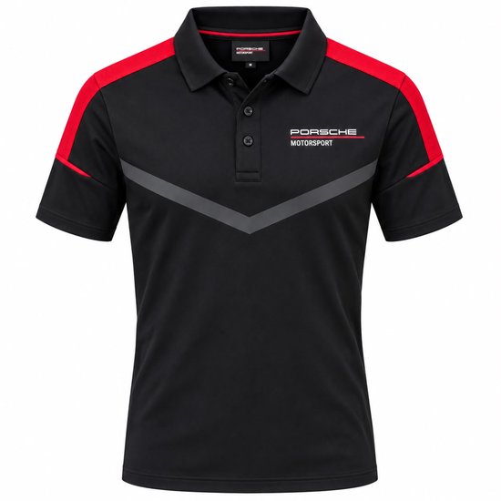 Polo noir avec détails rouges aux épaules, ligne en V grise et logo "Porsche Motorsport" sur la poitrine.