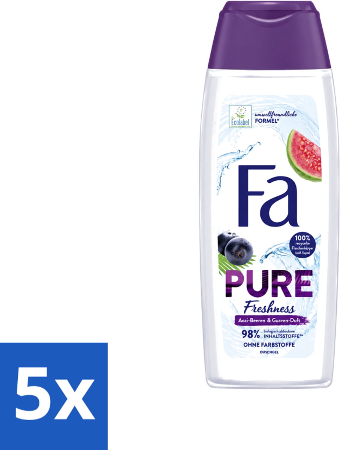 5 x Fa - Douchegel - Pure Freshness - Acai & Guave - Verfrissend & Verzorgend - 250 ml - Voordeelverpakking - 5 stuks