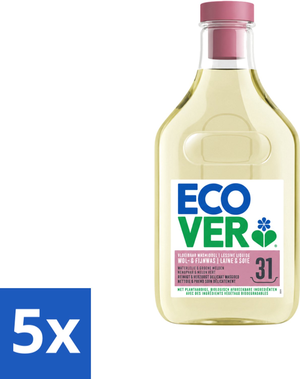 5 x Ecover - Vloeibaar Wasmiddel - Wol & Fijn Was - Waterlelie & Groene Meloen - 31 Wasbeurten - 1.43 L - Voordeelverpakking - 5 stuks