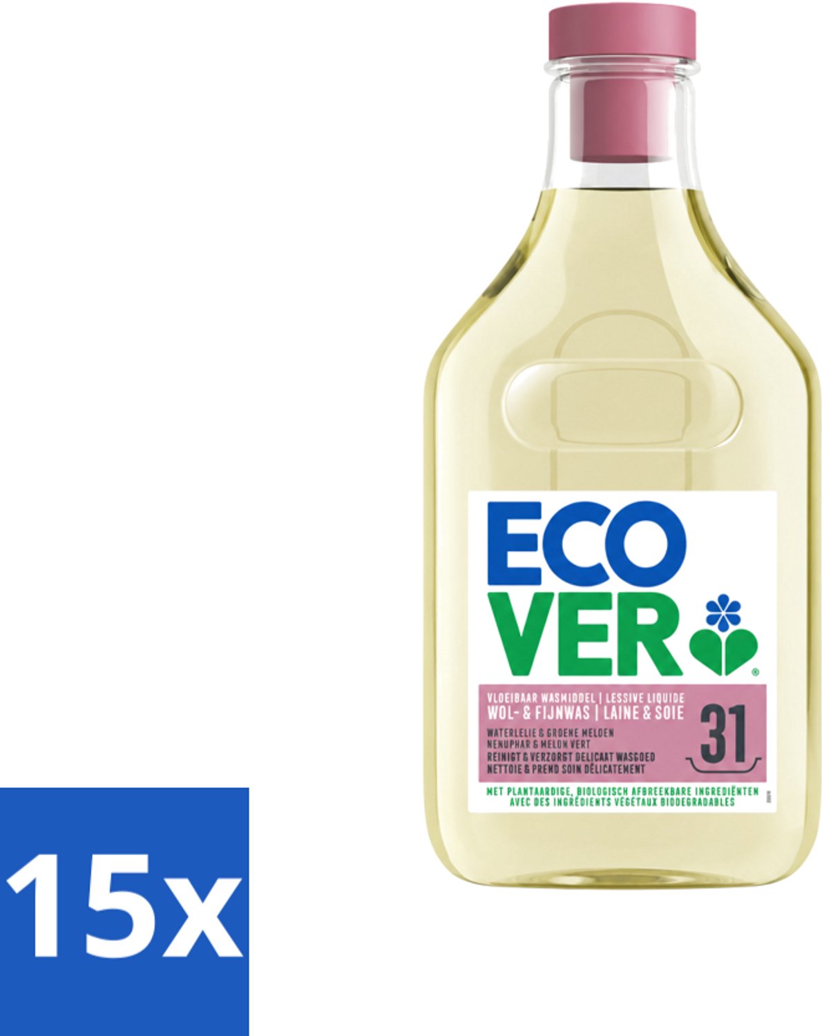 15 x Ecover - Vloeibaar Wasmiddel - Wol & Fijn Was - Waterlelie & Groene Meloen - 31 Wasbeurten - 1.43 L - Voordeelverpakking - 15 stuks