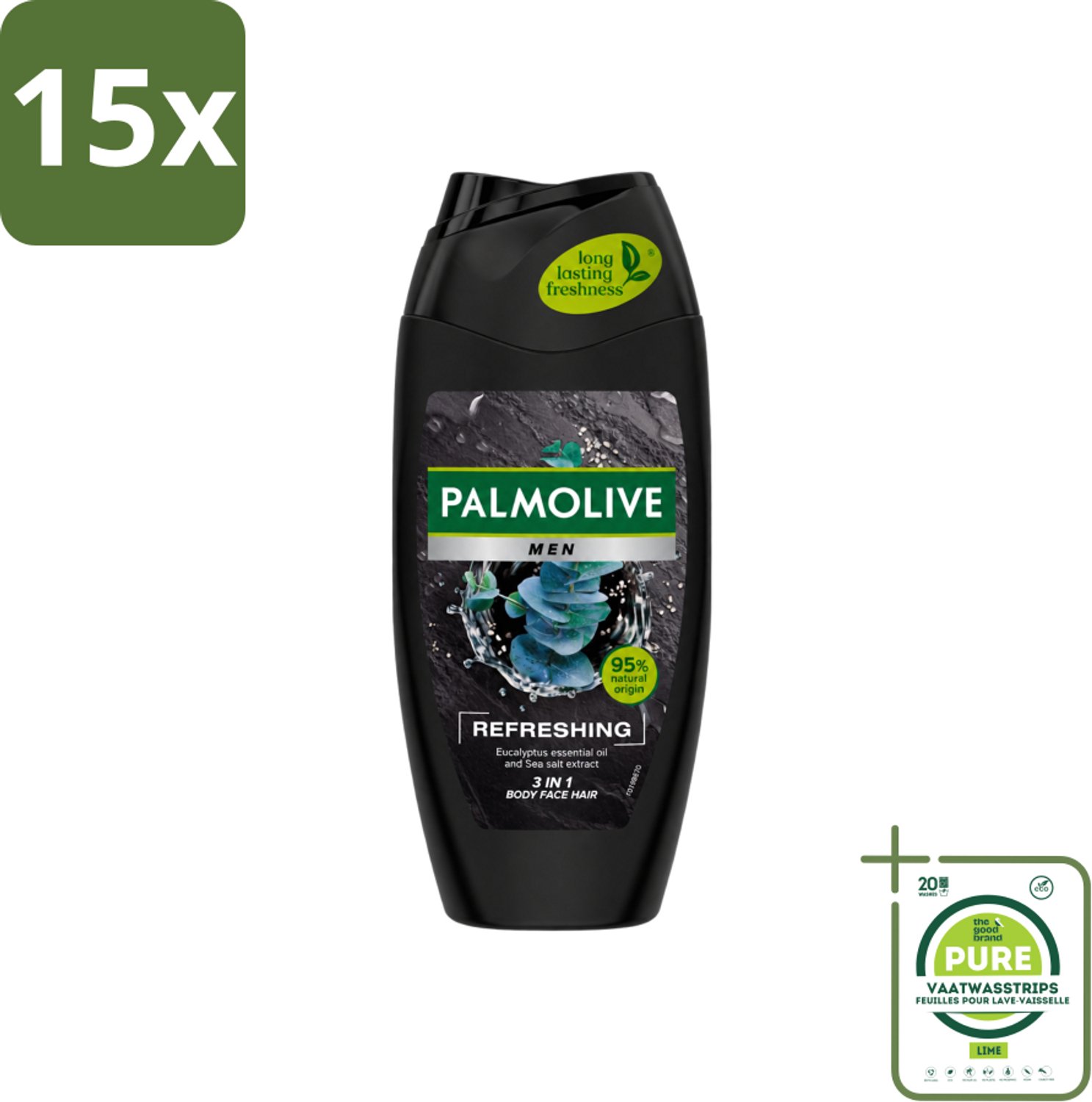 15 x Palmolive Men - 3in1 Douchegel - Refreshing - Fris & Verzorgend - 250 ml - Grootverpakking - Vaatwasstrips - Douchegel Voor Mannen - Frisheid - Verzorging - Verfrissende Geur - Citrusolie