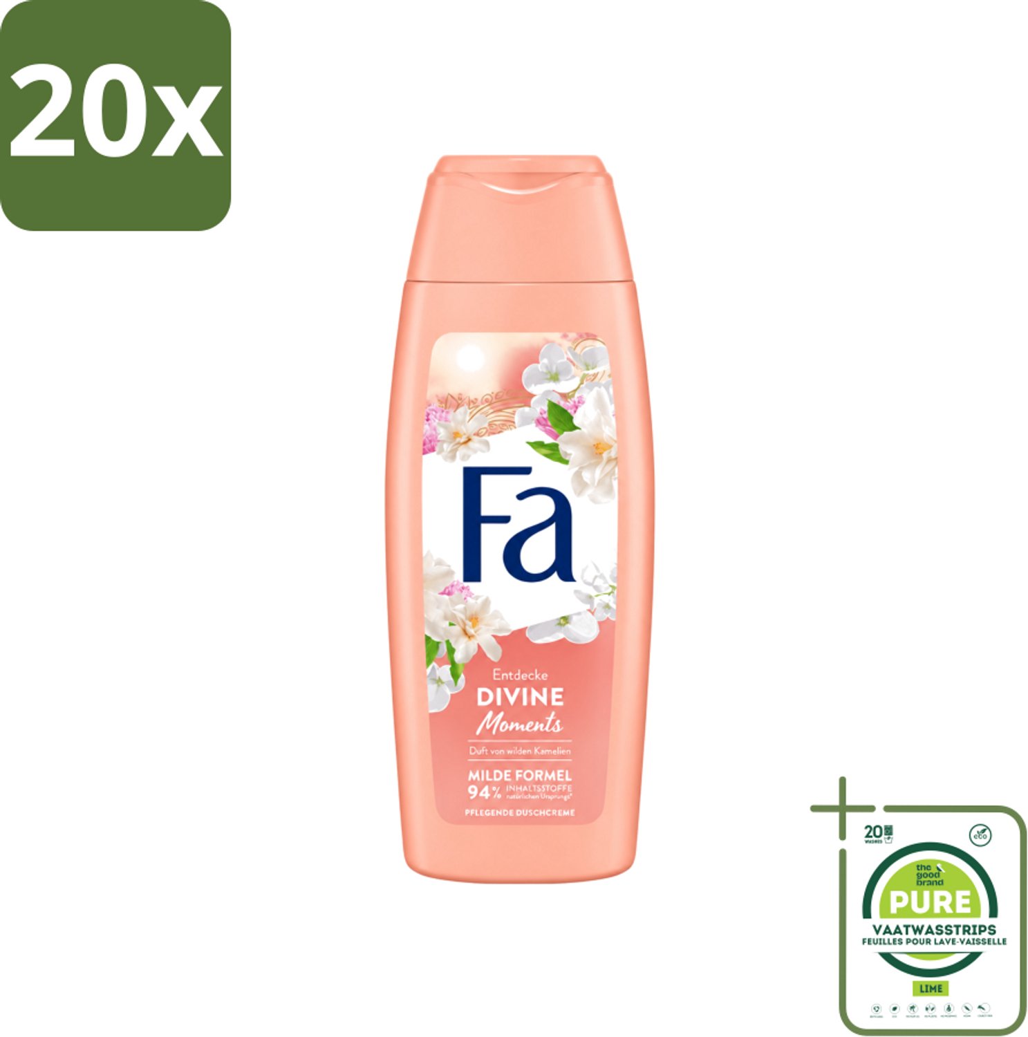 20 x Fa - Douchecrème - Divine Moments - Verzorgen & Voeden - Verfrissend - 250 ml - Grootverpakking - Vaatwasstrips - Douchecrème - Camelia - Verzorging - Voeding - Huid Verzorgen