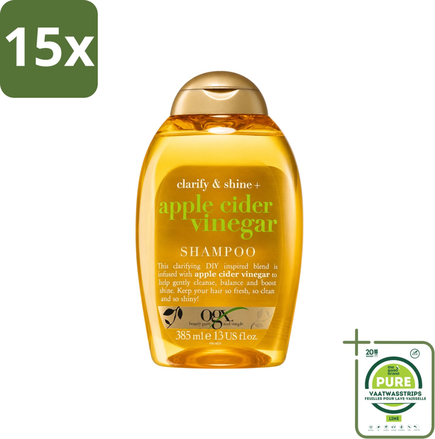 15 x OGX - Apple Cider Vinegar - Shampoo - Clarify + Shine - 385 ml - Grootverpakking - Vaatwasstrips - Haartype - Glans - Zuiveren - Fris - Schone Hoofdhuid