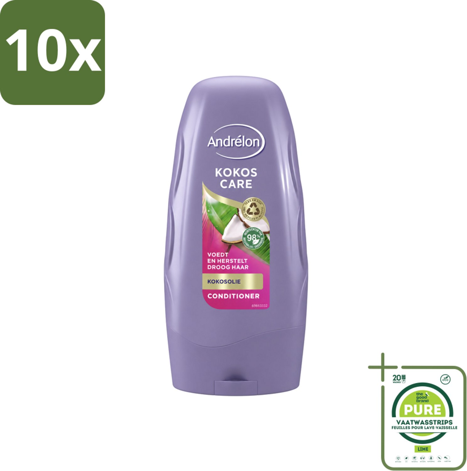 10 x Andrélon - Kokos Care - Conditioner - Diepe Hydratatie - 250 ml - Grootverpakking - Vaatwasstrips - Droog Haar - Herstel Haar - Kokosolie - Kokosmelk - Hydratatie