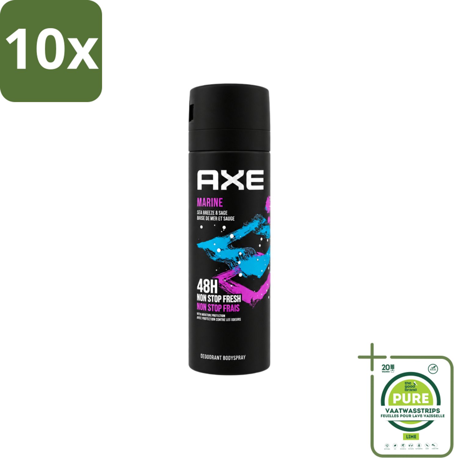 10 x Axe - Deodorant Bodyspray - 100% Fresh Fragrance - Marine - Sea Breeze & Sage - 150 ml - Grootverpakking - Vaatwasstrips - Deodorant - Bodyspray - Geur - Zeebries - Salie