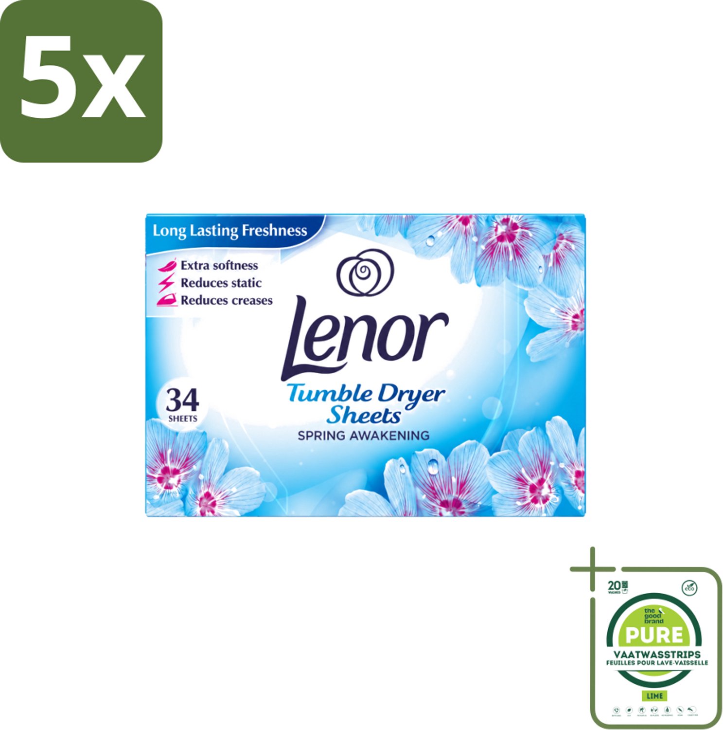 5 x Lenor - Droogtrommeldoekjes - Spring Awakening - 34 Doekjes - Grootverpakking - Vaatwasstrips - Droogtrommeldoekjes - Voorjaar Geur - Droogtrommel Geur - Kleding Fris - Statische Elektriciteit