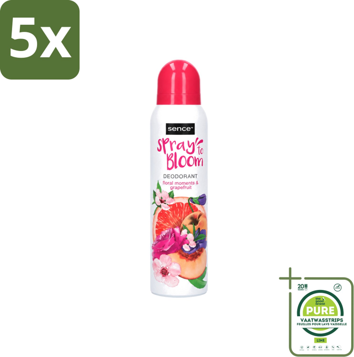 5 x Sence - Floral & Grapefruit - Deodorant - Fris & Fruitig - 150 ml - Grootverpakking - Vaatwasstrips - Frisheid - Fruitige Geur - Deodorant - Bloemige Geur - Grapefruit