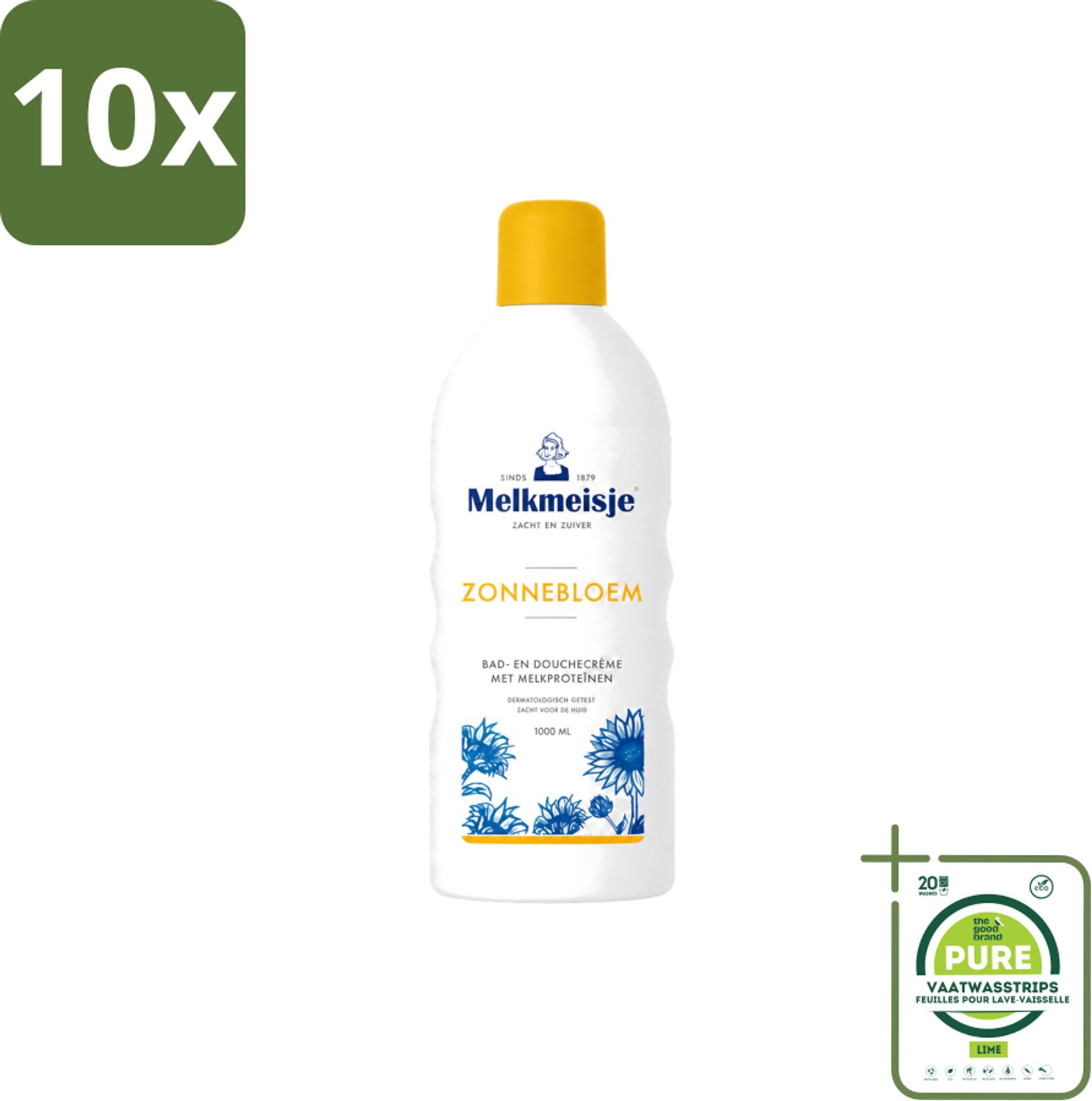 10 x Melkmeisje - Bad & Douche Zonnebloem - Romig Parfum - 1000 ml - Grootverpakking - Vaatwasstrips - Douchecrème - Melkmeisje - Zonnebloem - Huidverzorging - Melkproteïnen