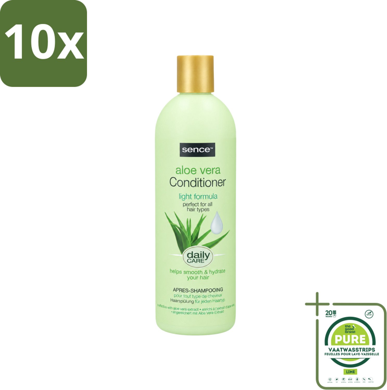 10 x Sence - Aloë Vera - Conditioner - Hydraterend - 400 ml - Grootverpakking - Vaatwasstrips - Aloë Vera Conditioner - Haarhydrateren - Droog Haar Verzorgen - Beschadigd Haar Herstellen - Haar Herstellen