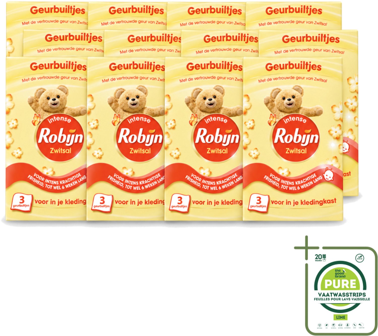12 x Robijn - Zwitsal - Geurbuiltjes - Zachte Babygeur - Hypoallergeen - 3 Geurbuiltjes - Grootverpakking - Vaatwasstrips - Zwitsal Geur - Geurbuiltjes - Babygeur - Kledingkast - Lade