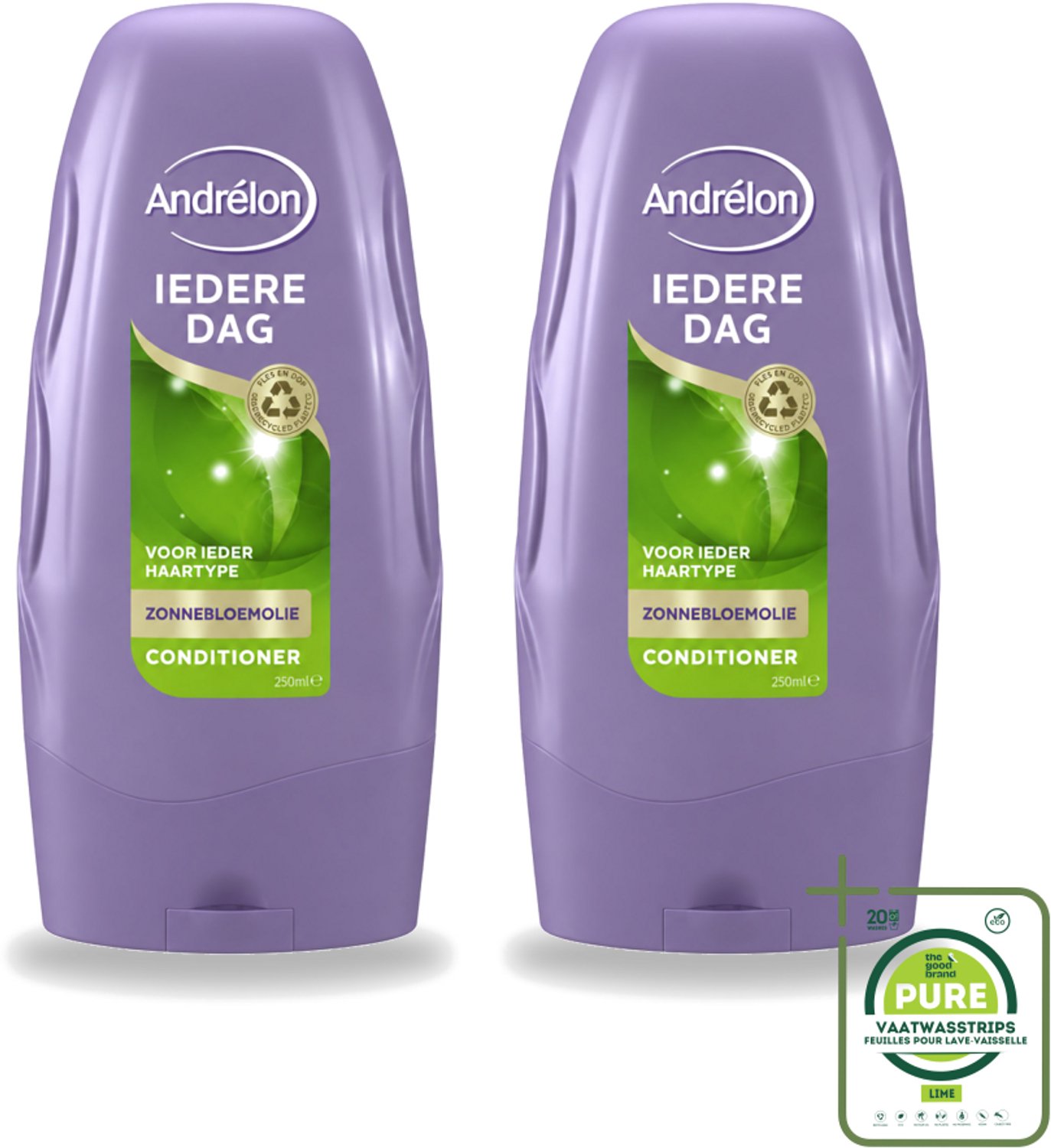 2 x Andrélon - Iedere Dag - Conditioner - Voor Dagelijks Gebruik - 250 ml - Grootverpakking - Vaatwasstrips - Haarkleur - Haarverzorging - Haarconditioner - Zonnebloemolie - Gezond Haar
