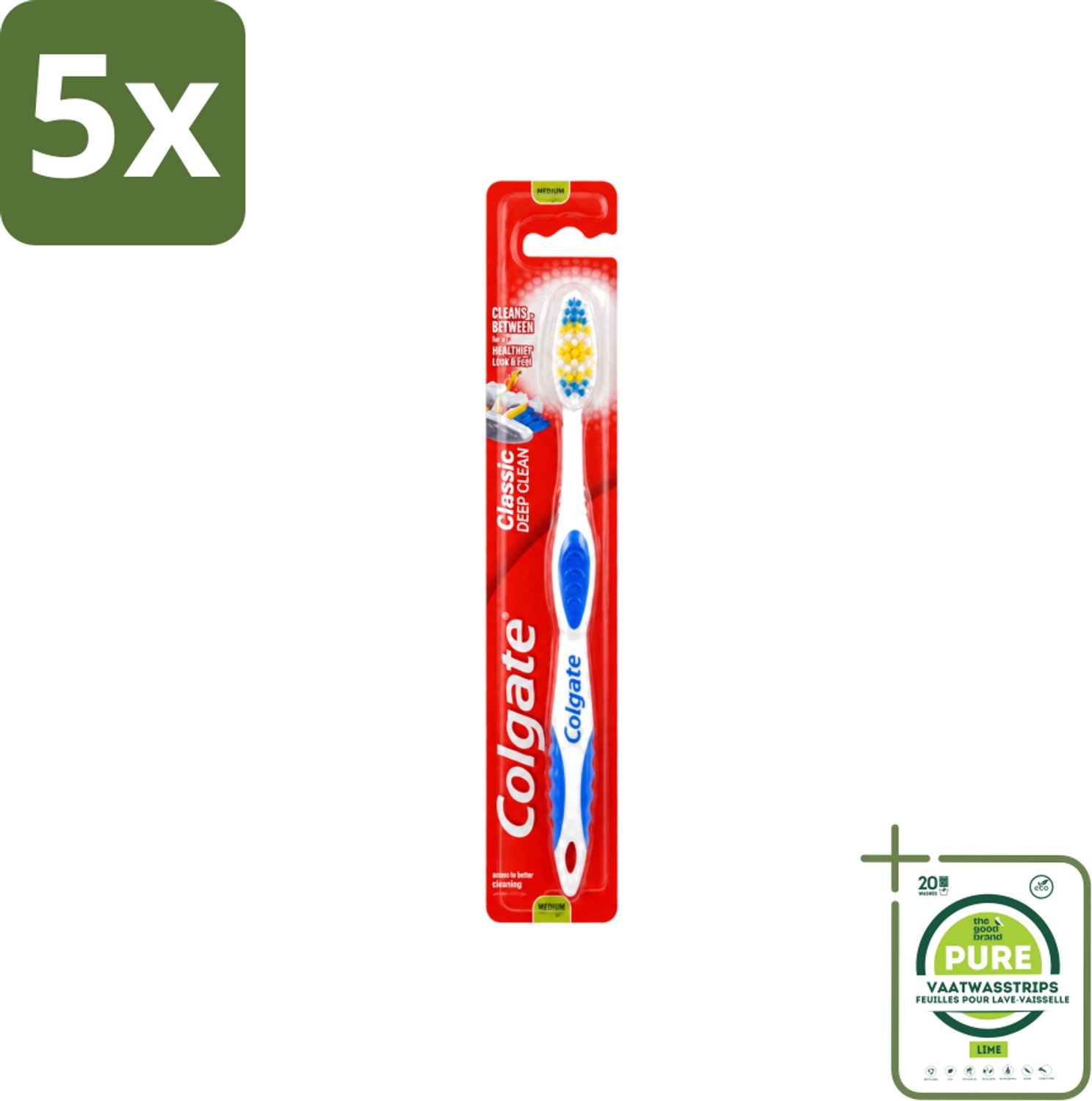 5 x Colgate - Tandenborstel - Classic Deep Clean Medium - 1 Tandenborstel - Grootverpakking - Vaatwasstrips - Tandenborstel - Mondhygiëne - Tanden Poetsen - Tandplak Verwijderen - Gezonde Mond