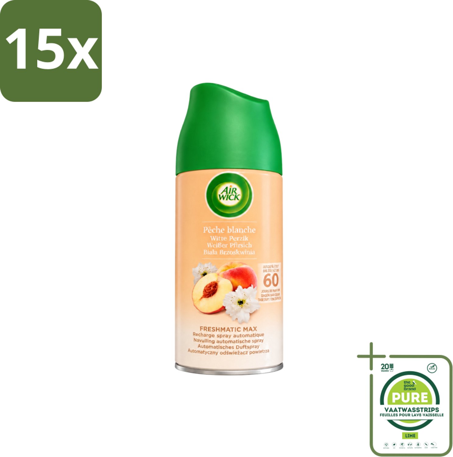 15 x Air Wick - Luchtverfrisser Navulling - Witte Perzik - Automatische Spray - 250 ml - Grootverpakking - Vaatwasstrips - Luchtverfrisser - Geurverspreiding - Witte Perzik - Geurintensiteit - Freshmatic