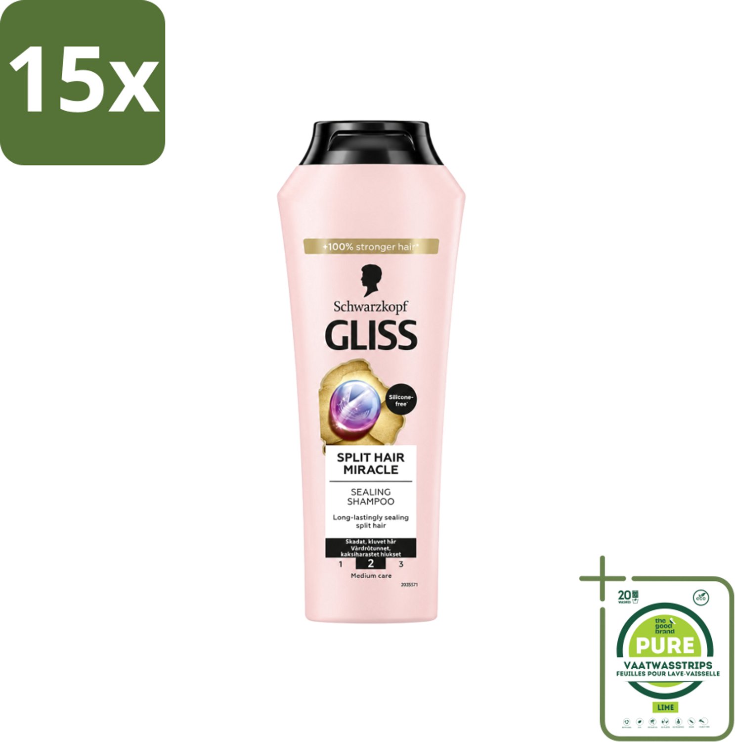 15 x Gliss-Kur - Shampoo - Split Hair Miracle - Herstelt Gespleten Haarpunten - 400 ml - Grootverpakking - Vaatwasstrips - Gespleten Haarpunten - Haar Herstellen - Haar Verzorgen - Hydrolyzed Keratine - Vitamine E