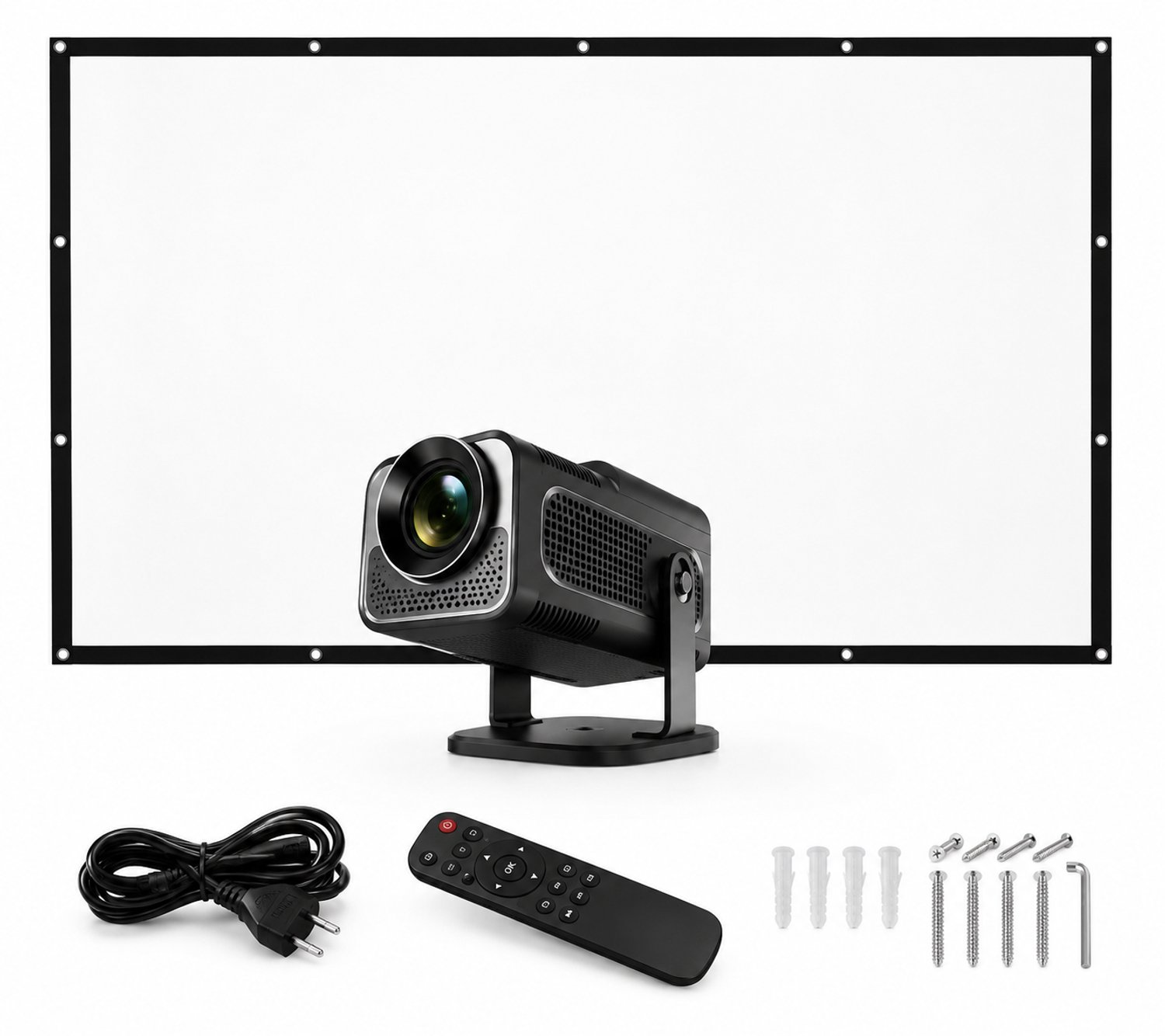Mini Thuisbioscoop Set - Smart 1080P Full HD Beamer met 100 Inch Projectiescherm - Android 11 & WiFi 6 - 300 ANSI Lumen - Zwart