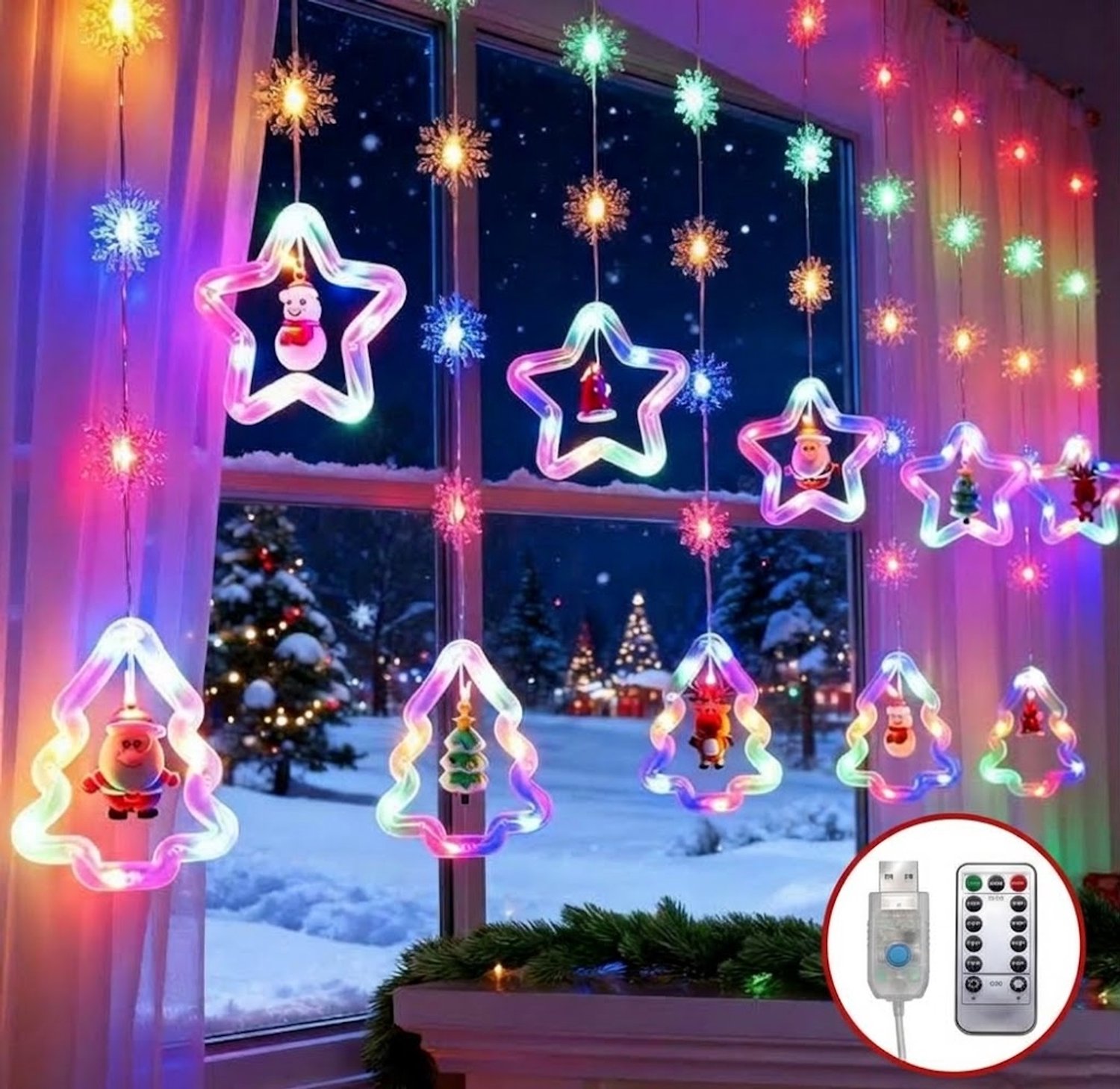 Christmas LED Kerstverlichting 3M - Lichtgordijn Met afstandsbediening & haak & Timer -kerst gordijnverlichting-Kerst Lichtslingers met USB - Vorm met Snowflakes & Kerstman & vriendjes - Kerststerren- Multicolour licht- Sfeer Verlichting
