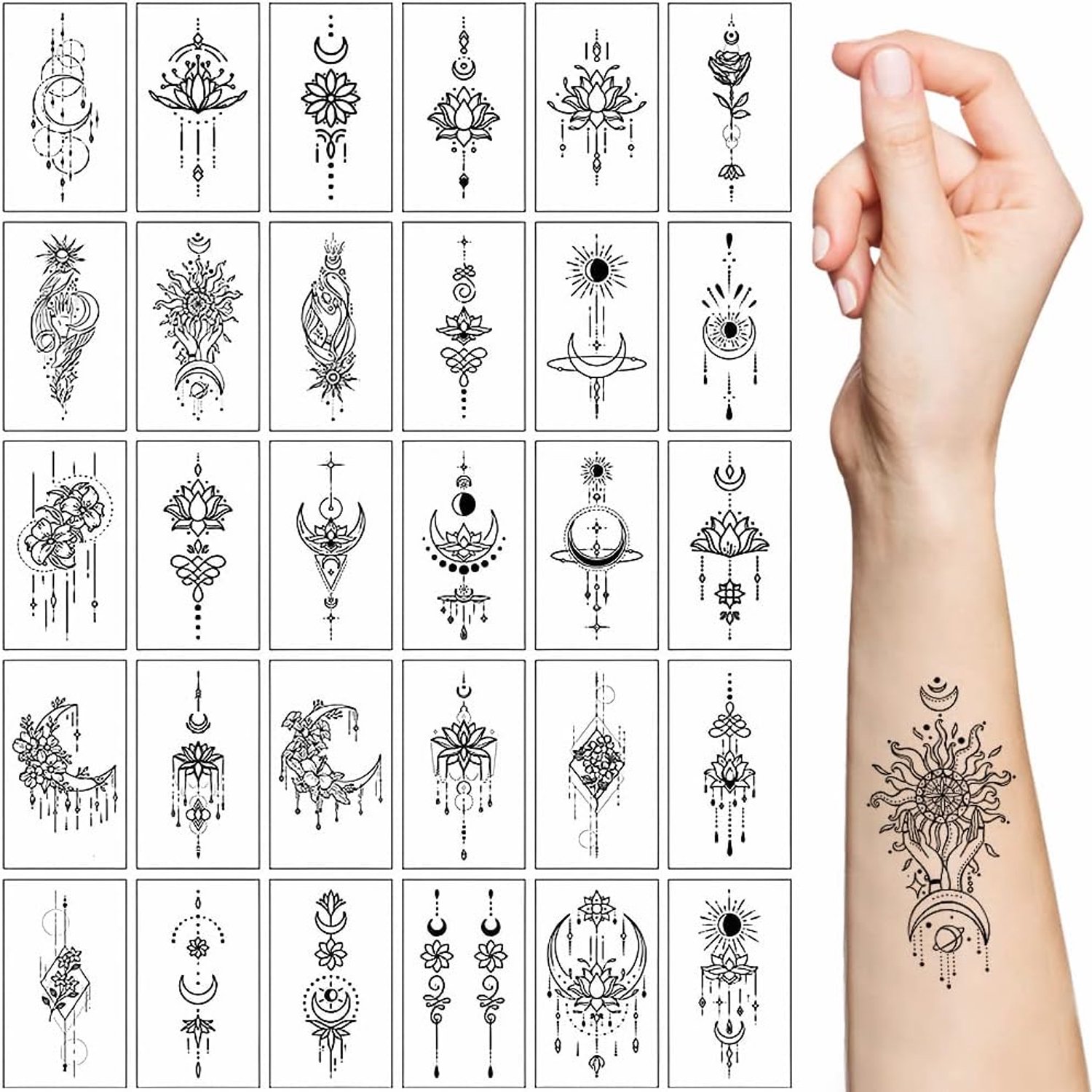 Tijdelijke tatoeages - zwarte lotus, bloemen, tribal, nepsieraden, hangers, kant, maan, motten - semi-permanente transferstickers voor vrouwen meisjes make-up accessoires