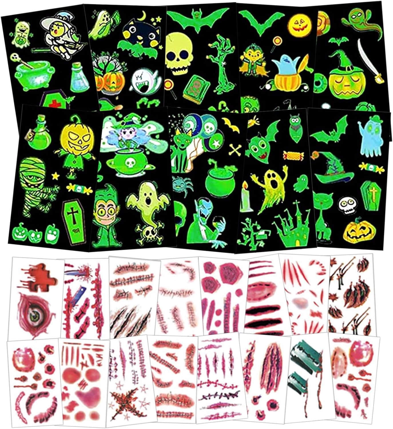 Tattoo, 30 vellen Halloween-tatoeages voor kinderen, cadeautje, Halloween-tattoo, oplichtend gezicht, blacklight-decoratie voor maskerade, party, make-up, griezelfeest, kinderverjaardag