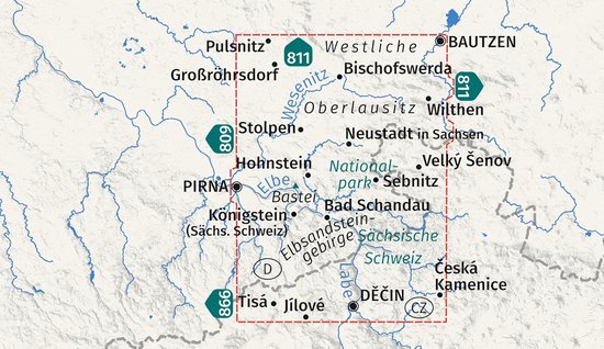 Kaart van Sächsische Schweiz en Westliche Oberlausitz met wegen, plaatsen zoals Pirna, Bautzen en nationale parken.