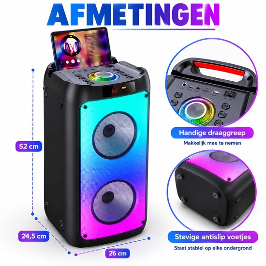 ShaSha Partybox Bluetooth Speaker met 2 Draadloze Microfoons - Karaoke Set voor Volwassenen - Muziek Box met LED Verlichting - Zwart — afbeelding 5