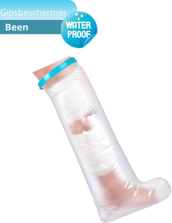 Transparante gipsbeschermer voor het been met blauwe ring, voorzien van een 'Waterproof' zegel.
