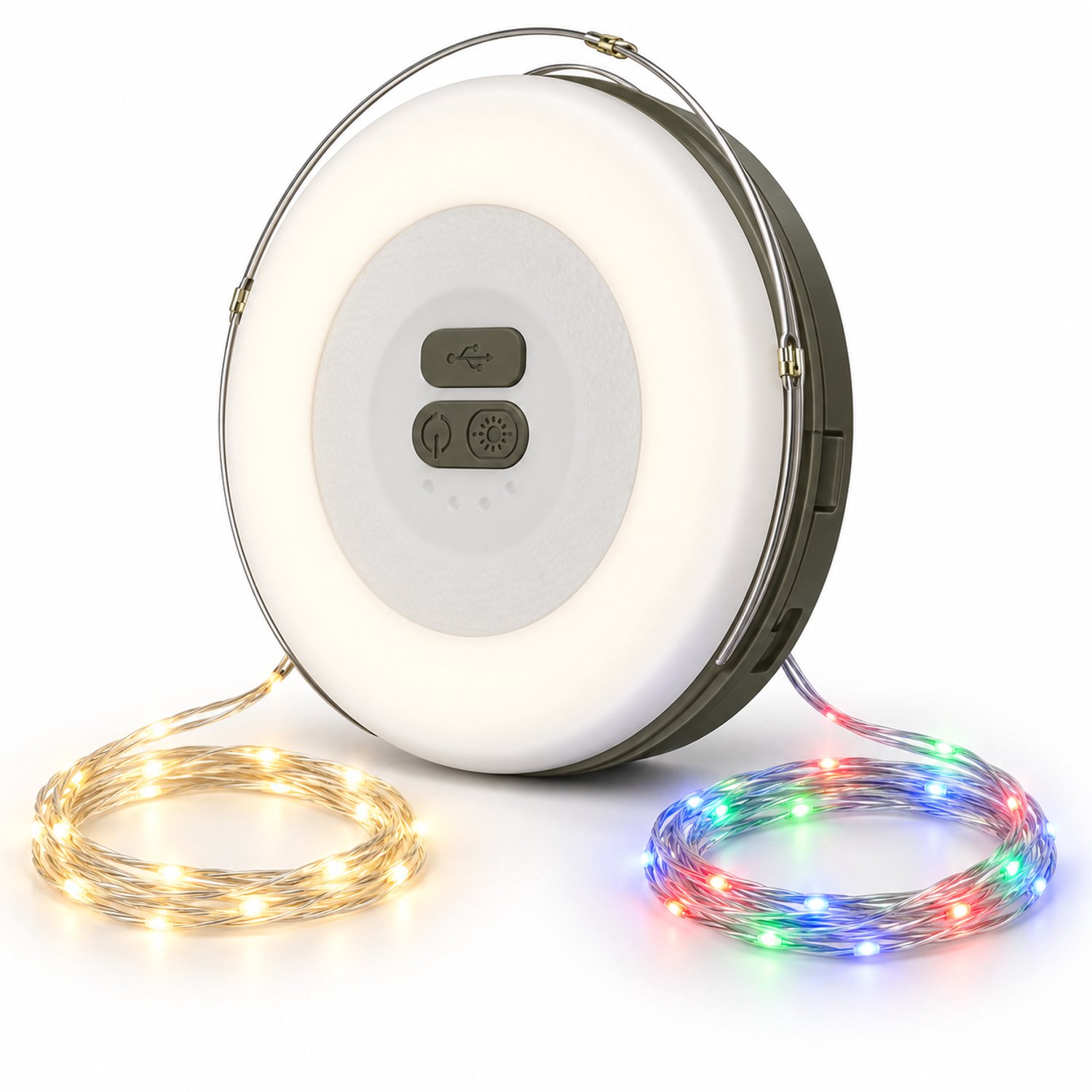 Solar campinglamp met 2 lichtslingers - Warmwit en RGB - USB-C oplaadbaar - Wit/Groen