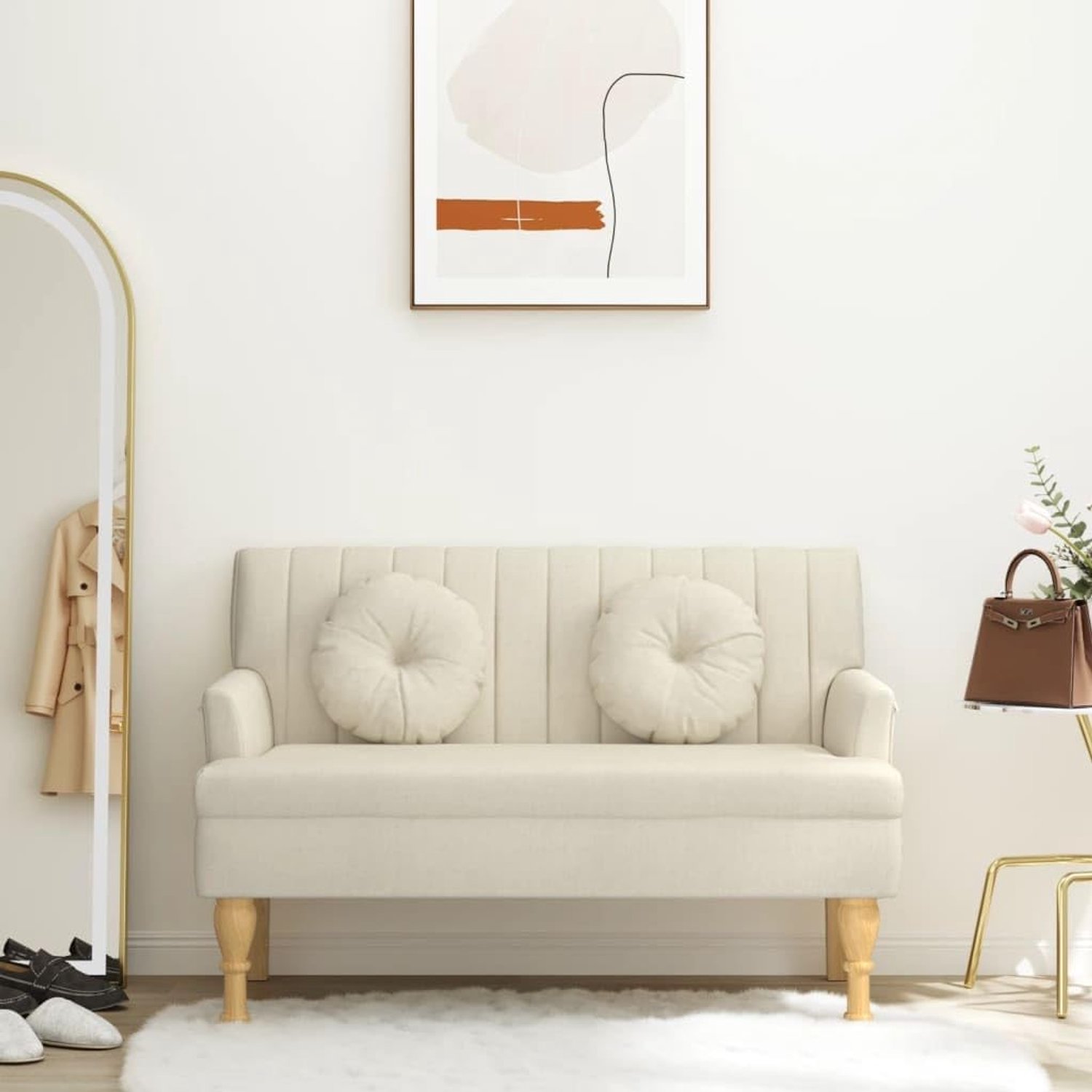 Bank, zitmeubel met kussen, 113 x 64,5 x 75,5 cm, elegante zitbank van ademend linnen en massief rubberhout, voor woonkamer en kantoor