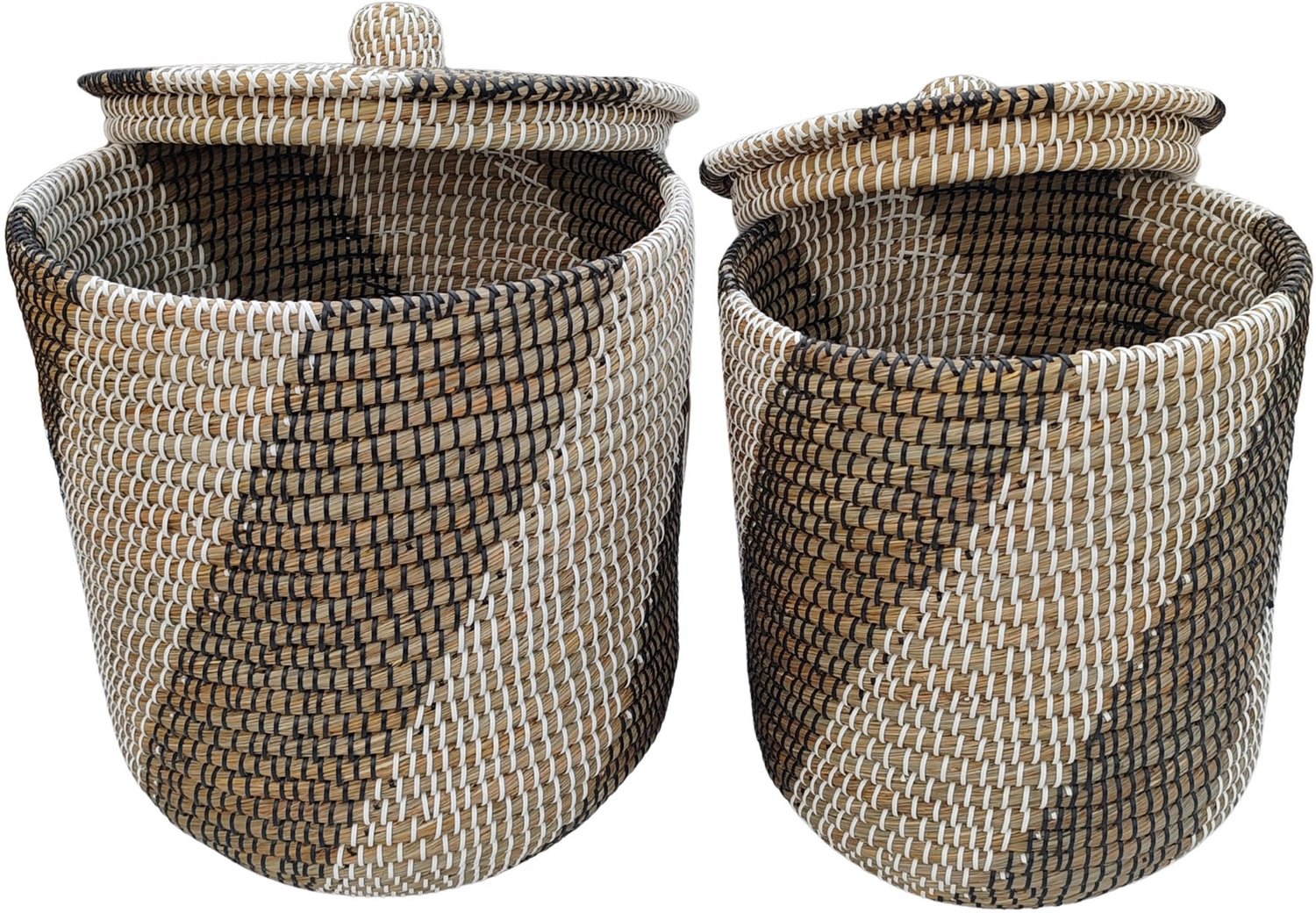 Wasmand met deksel – zeegras – set van 2 – 40 en 65 l – naturel zwart wit