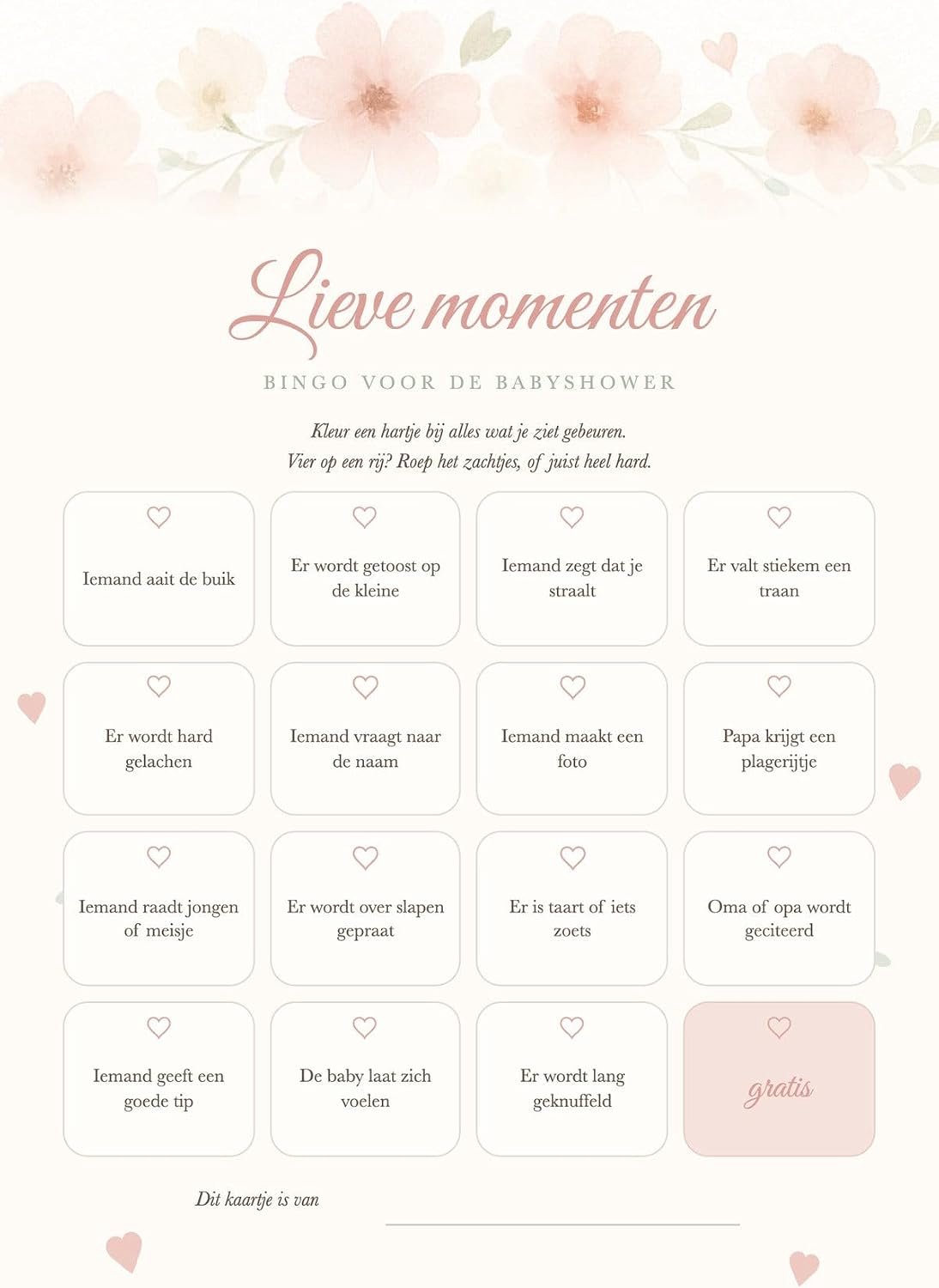 Invulkaarten bingo lieve momenten en cadeautjes 20 kaarten | A5