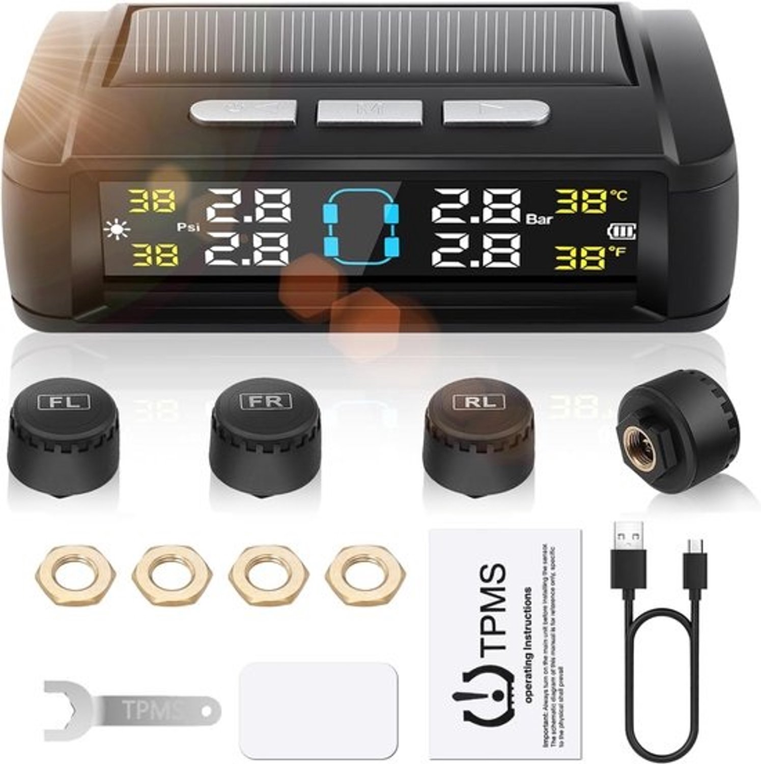 Bandenspanningssysteem - TPMS-sensoren - Voor onderweg - Real-time bewaking - 4 sensoren - Zwart
